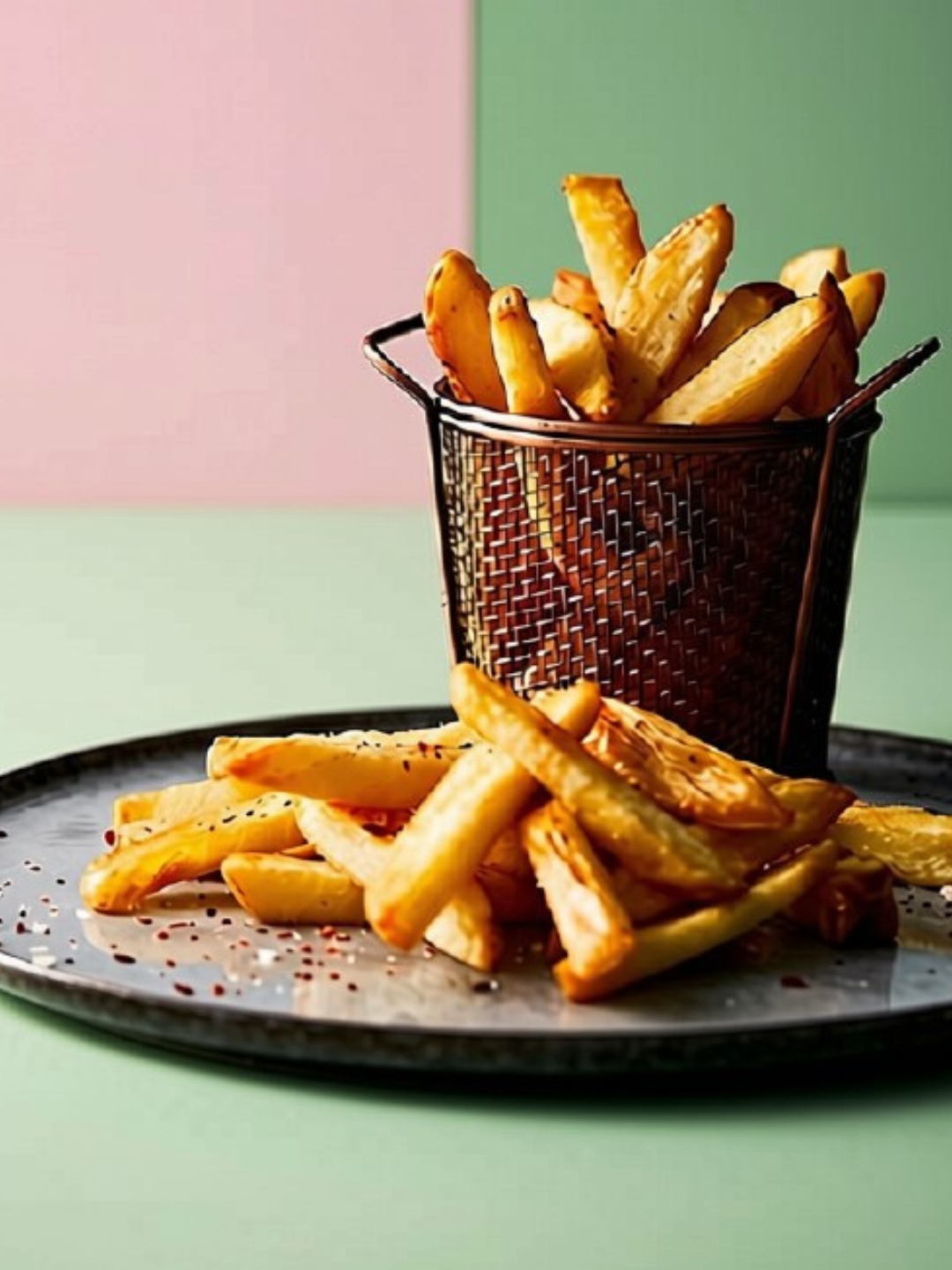 A black plate with French fries and seasoning next to a metal basket filled with more French fries against a pastel pink and green background.