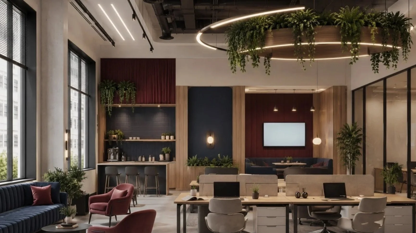 Modern office lounge with large windows, various seating options, potted plants, a bar area with stools, and a large television on a wooden-paneled wall.