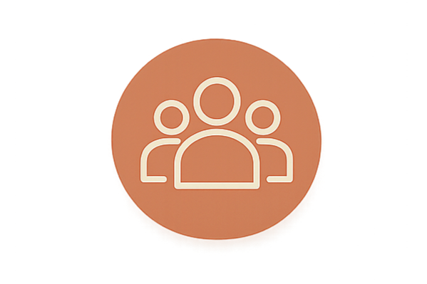 Icon of three people standing together inside a brown circle.