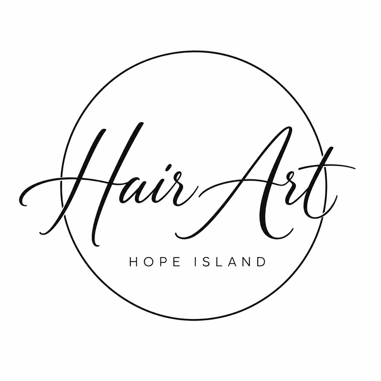 Logo for Hair Art on Hope Island with cursive text and a circle outline.