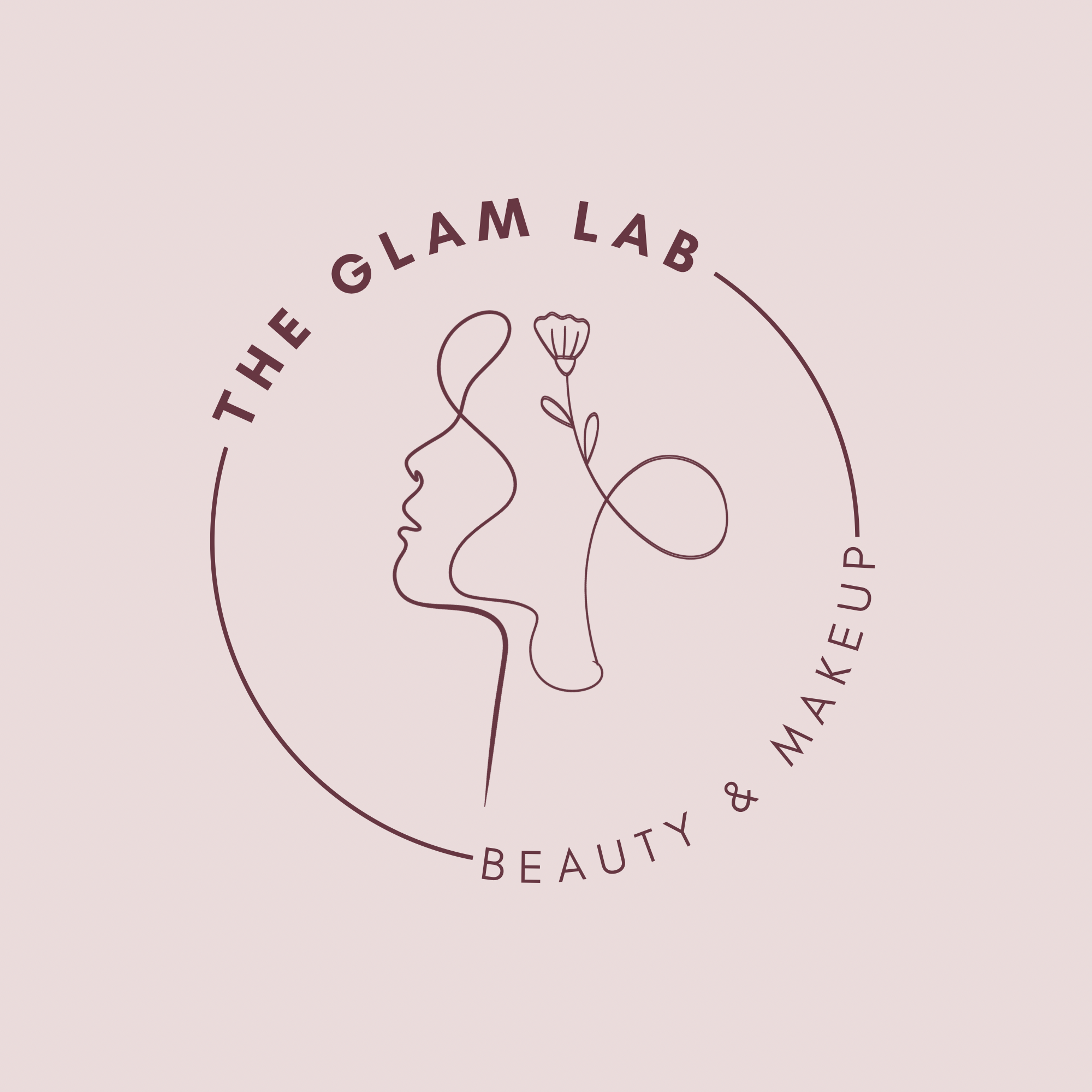 A minimalist line art illustration of a woman's face with flowers, surrounded by text that reads 'THE GLAM LAB & MAKEUP, BEAUTY & CONFIDENCE' on a pale pink background.