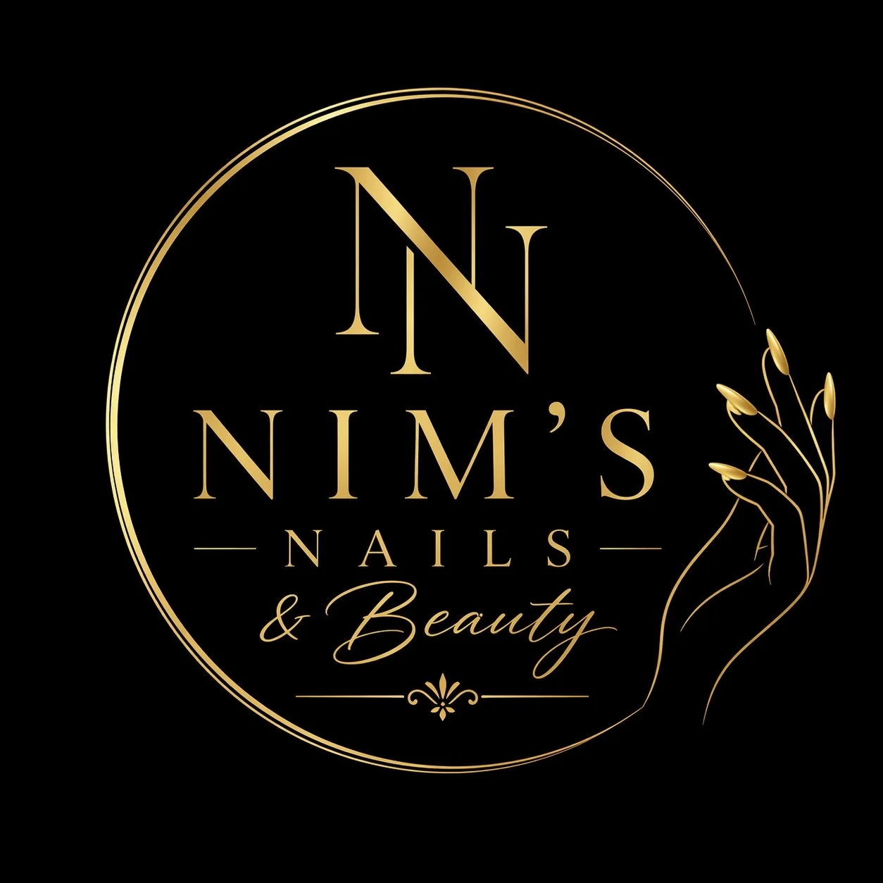 Gold and black logo for Nims Nails & Beauty featuring elegant text and a stylized hand with long nails.