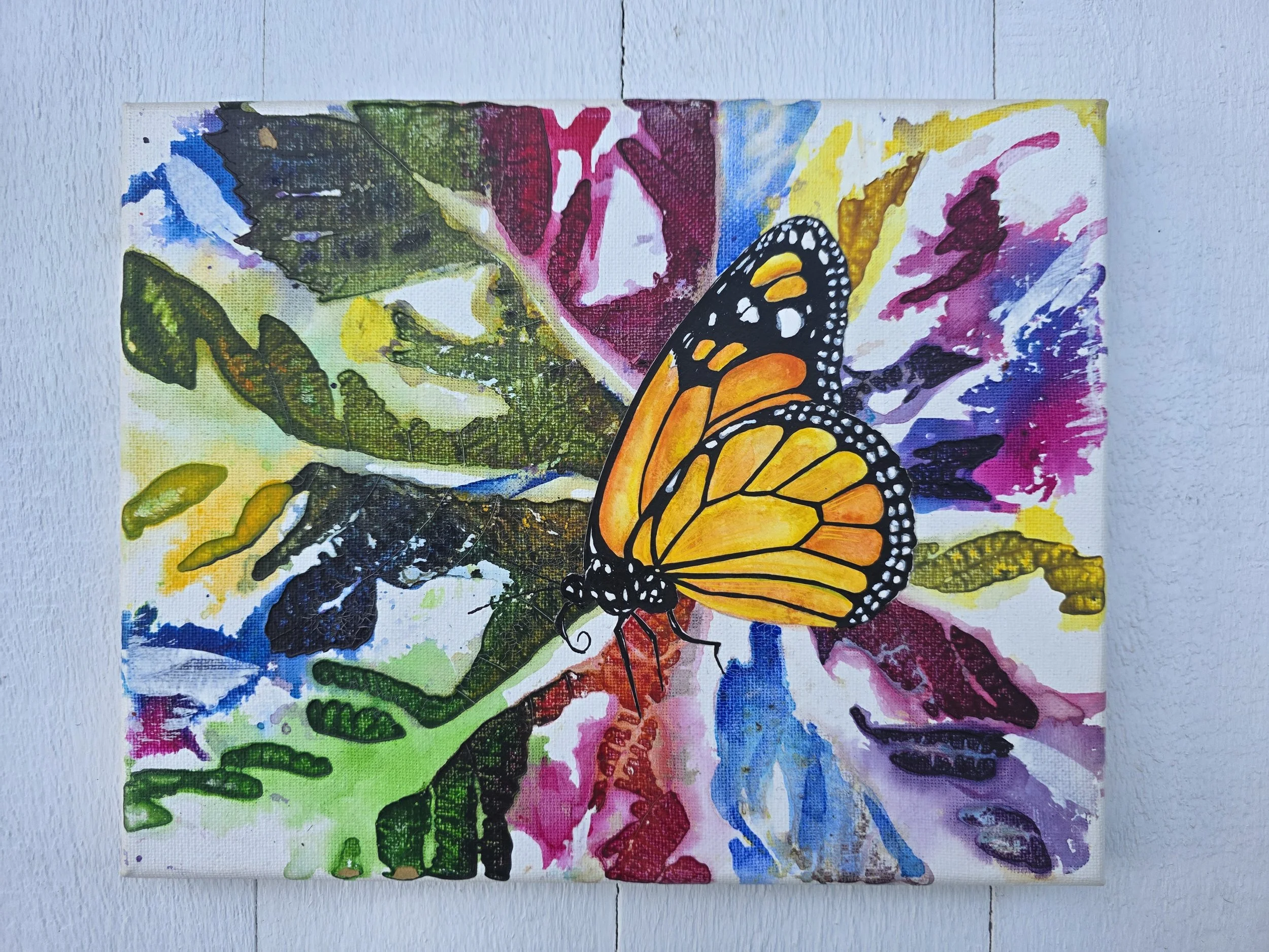 Monarch on Castor (2019 Signature Collection)
• Dimensions: 8” x 10” Premium Original Mixed Media
• Medium: Real leaf print painting with drawing collage layering on premium stretched canvas.
• Price: $86.20 (Includes California Sales Tax)
About the 