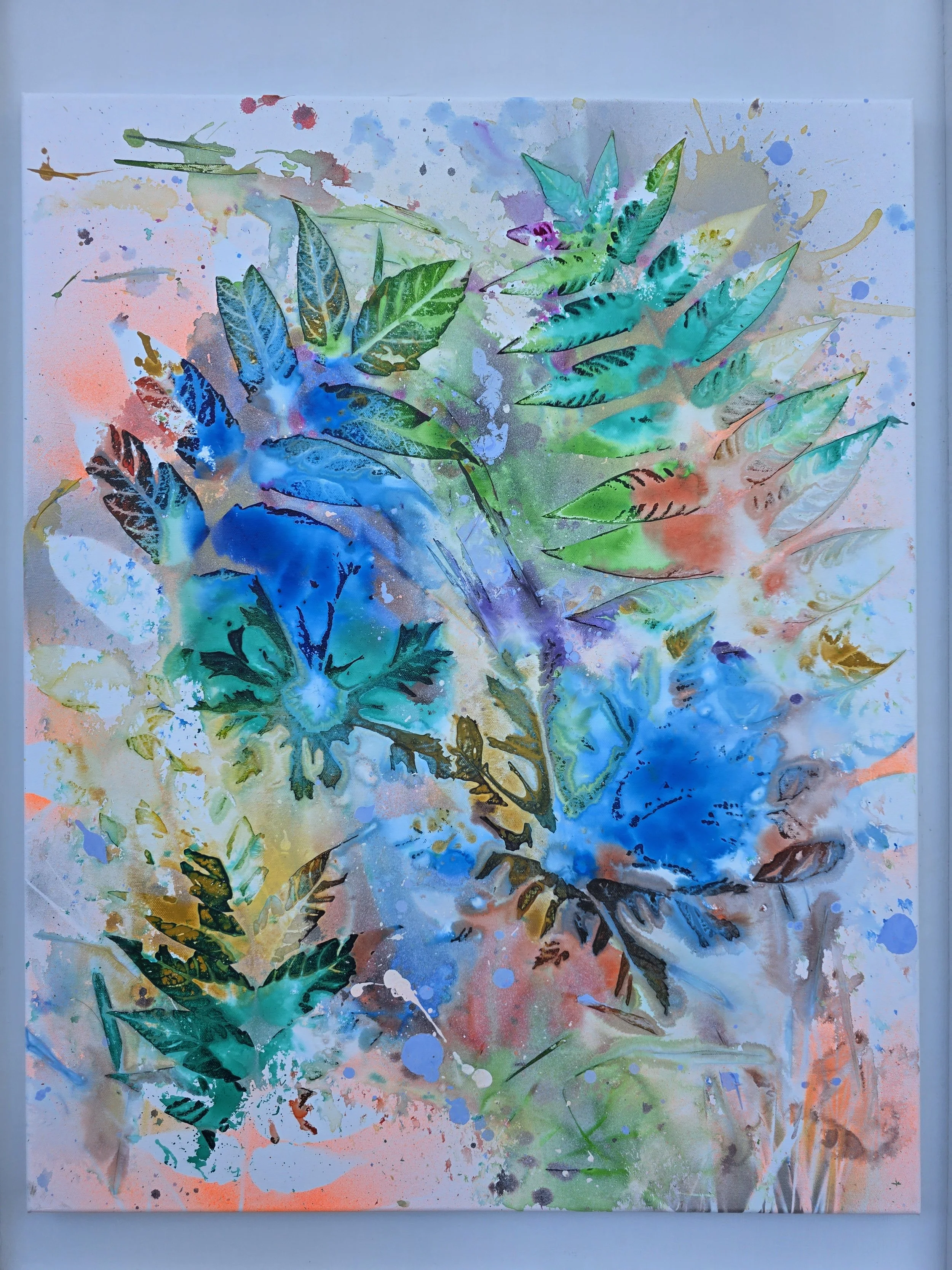 Blue, Green, Orange Original (2026 Signature Collection)
• Dimensions: 24”x 30” Premium Original Mixed Media
• Medium: Real leaf print painting with enamel layering on stretched canvas.
• Price: $387.90 (Includes California Sales Tax)
About the Artwo