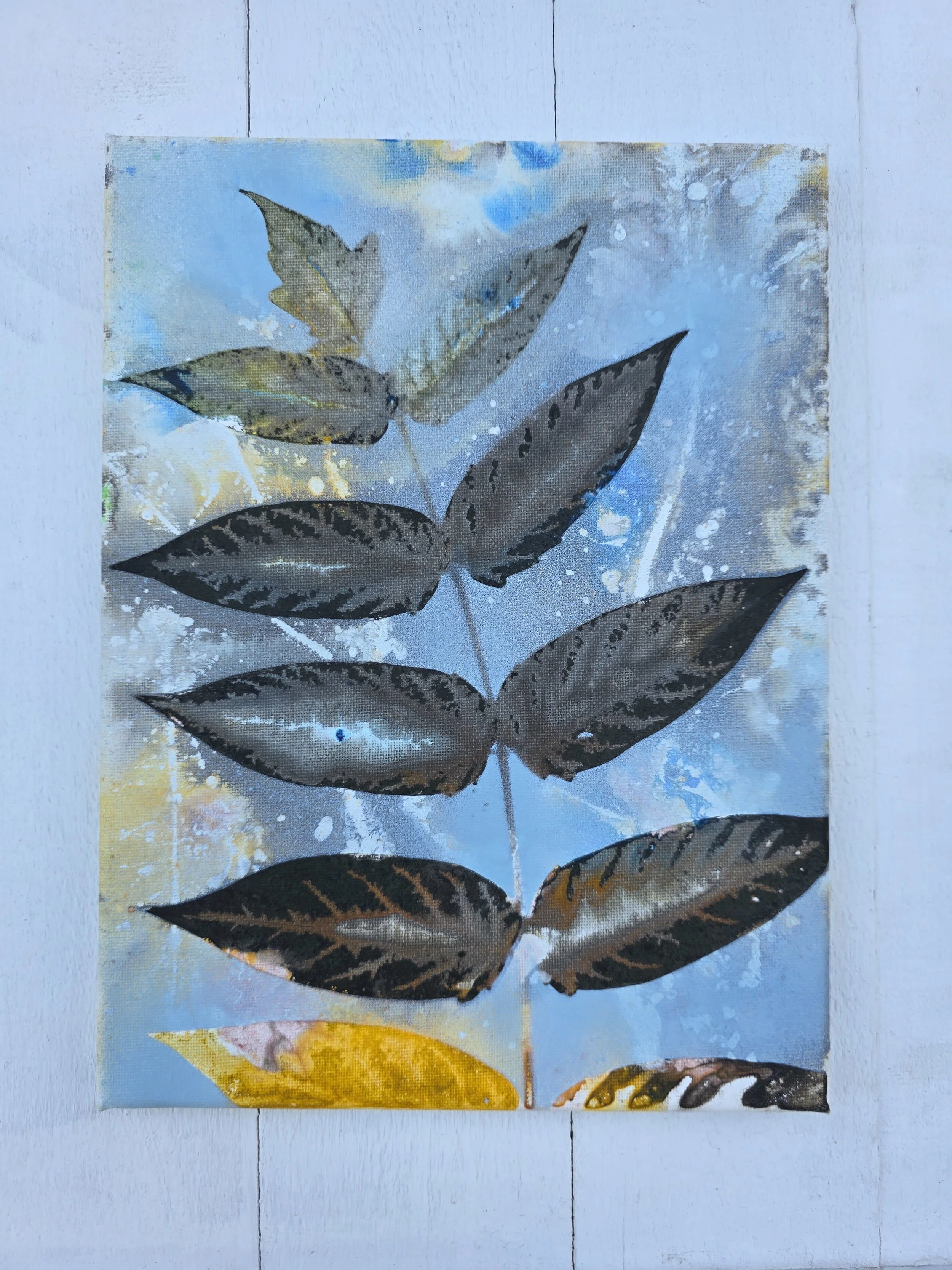 Orange, Blue, Grey (2021 Pure Leaf Collection)
• Dimensions: 9” x 12” Original Print
• Medium: Genuine organic leaf print on premium stretched canvas.
• Price: $58.19 (Includes California Sales Tax)
About the Artwork:
Part of the minimalist Pure Leaf