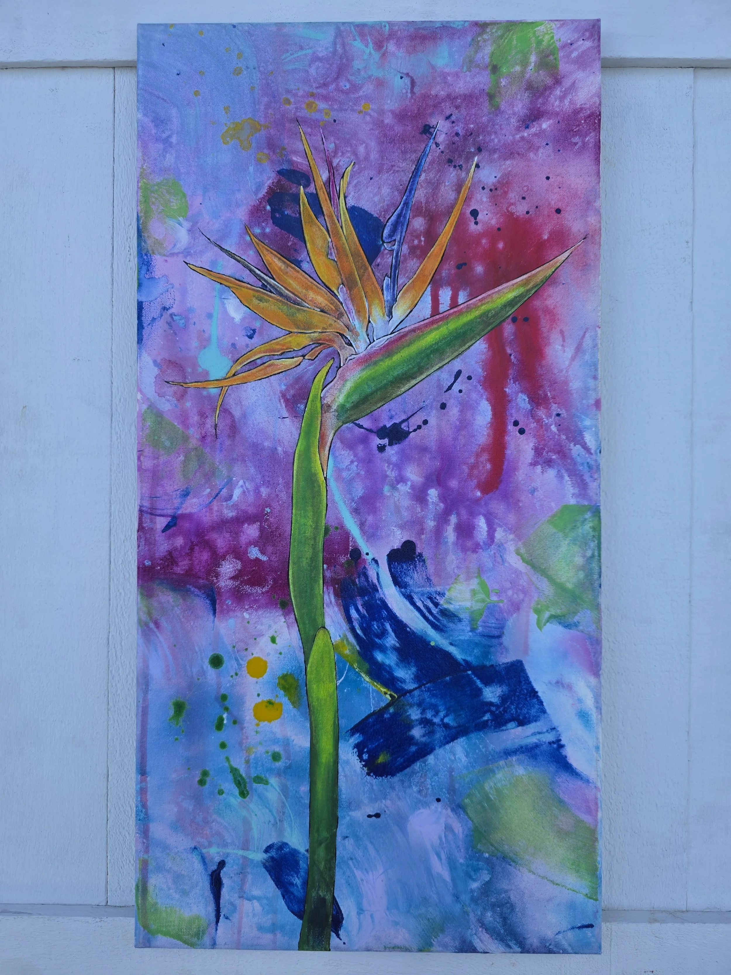 Bird of Paradise (2025 Signature Collection)
• Dimensions: 12” x 24” Premium Original Painting
• Medium: Premium mixed media on stretched canvas.
• Price: $258.60 (Includes California Sales Tax)
About the Artwork:
An elegant highlight of the Signatur