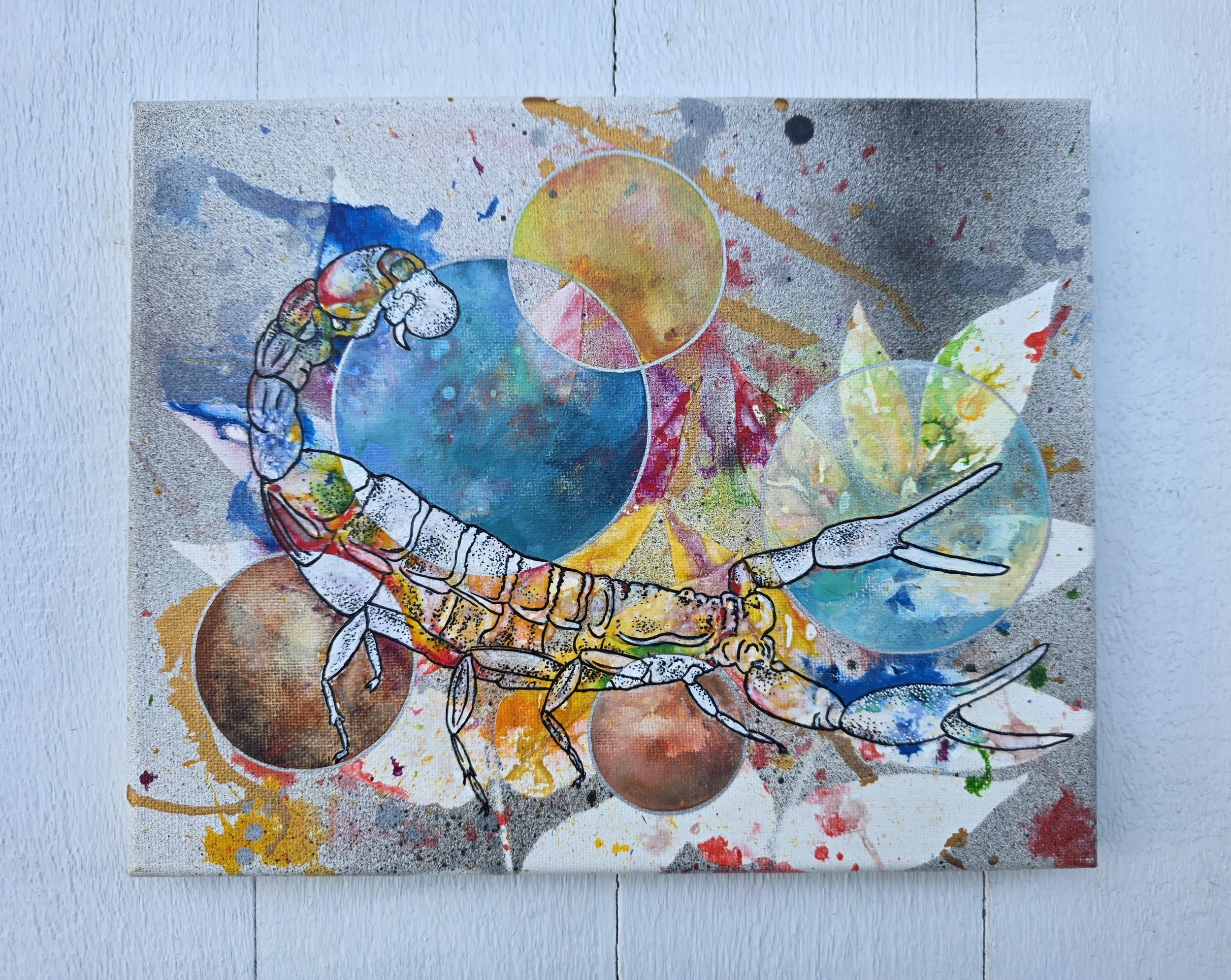 Geometric Scorpion (2022 Signature Collection)
• Dimensions: 8” x 10” Premium Original Mixed Media
• Medium: Real leaf print painting with drawing on premium stretched canvas.
• Price: $86.20 (Includes California Sales Tax)
About the Artwork:
A class