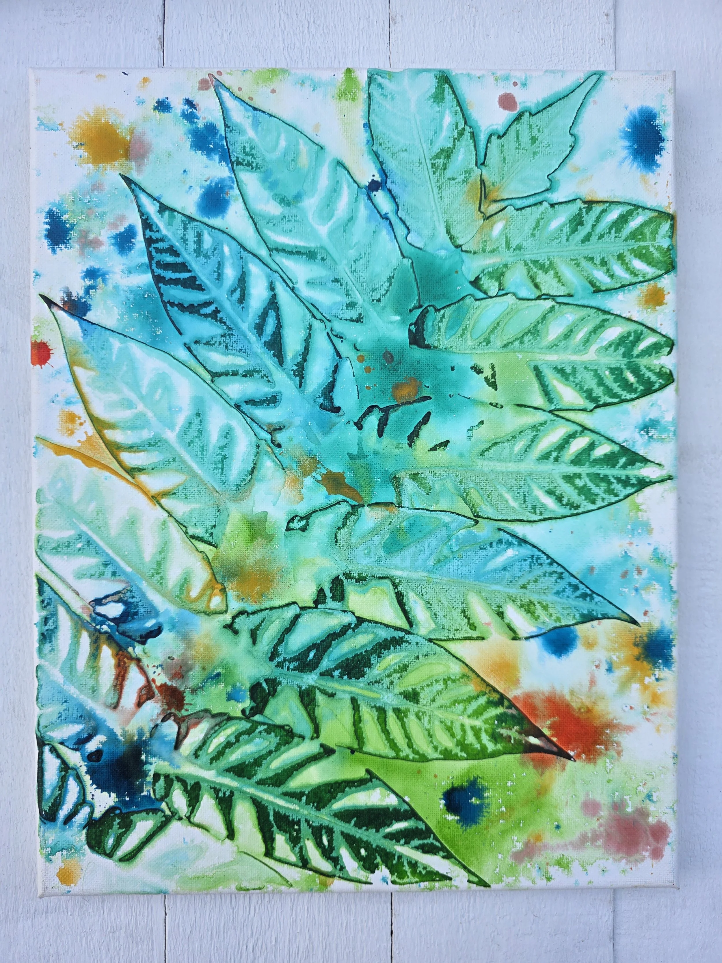 Teal and Green (2020 Pure Leaf Collection)
• Dimensions: 11” x 14” Original Print
• Medium: Genuine organic leaf print on premium stretched canvas.
• Price: $82.97 (Includes California Sales Tax)
About the Artwork:
Part of the minimalist Pure Leaf Co