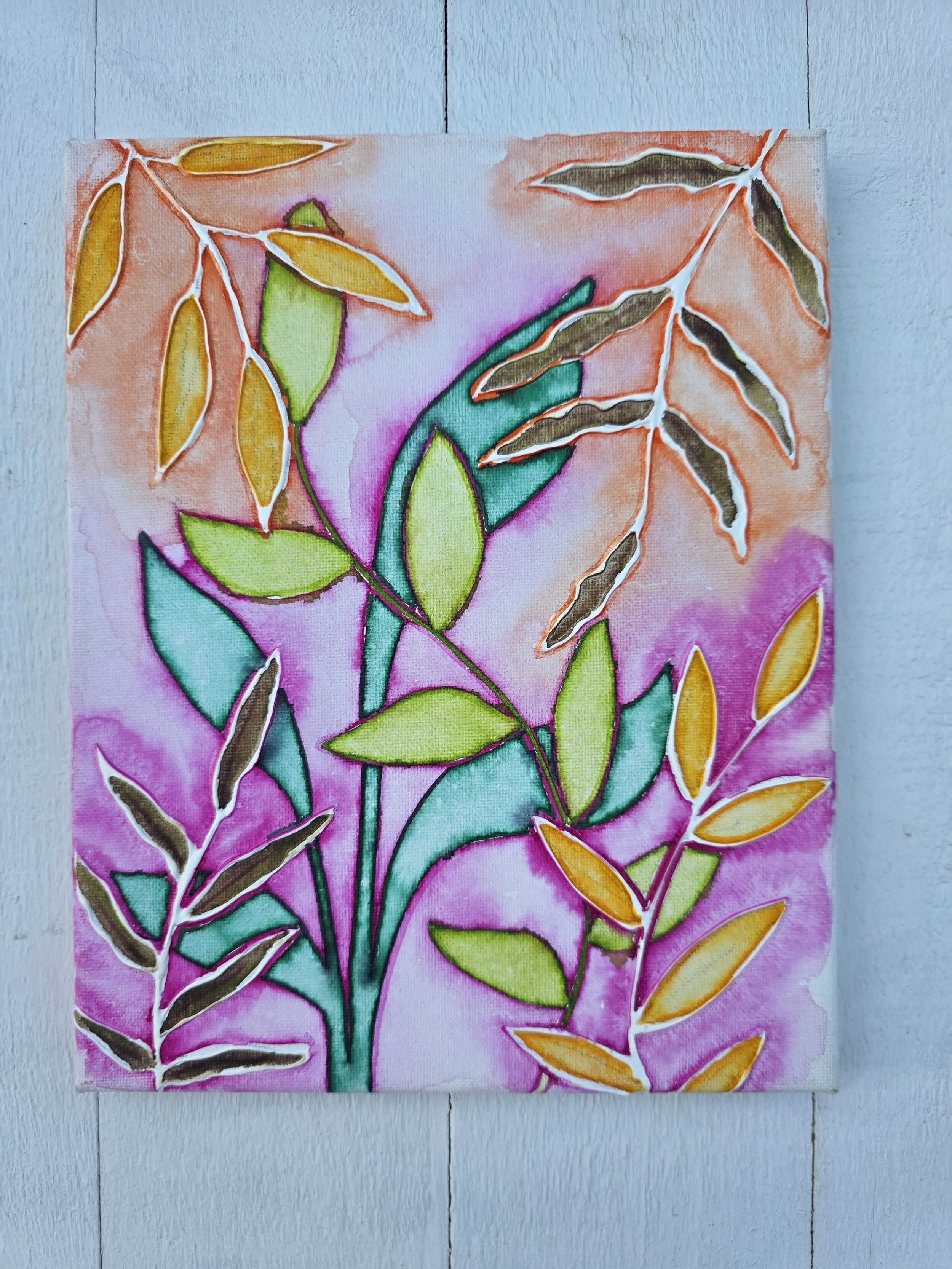 Puffy Paint Leaves (2025 Experimental Collection)
• Dimensions: 8” x 10” Original Mixed Media
• Medium: Professional-grade lightfast watercolor and dimensional puffy paint on stretched canvas.
• Price: $43.10 (Includes California Sales Tax) 
About th
