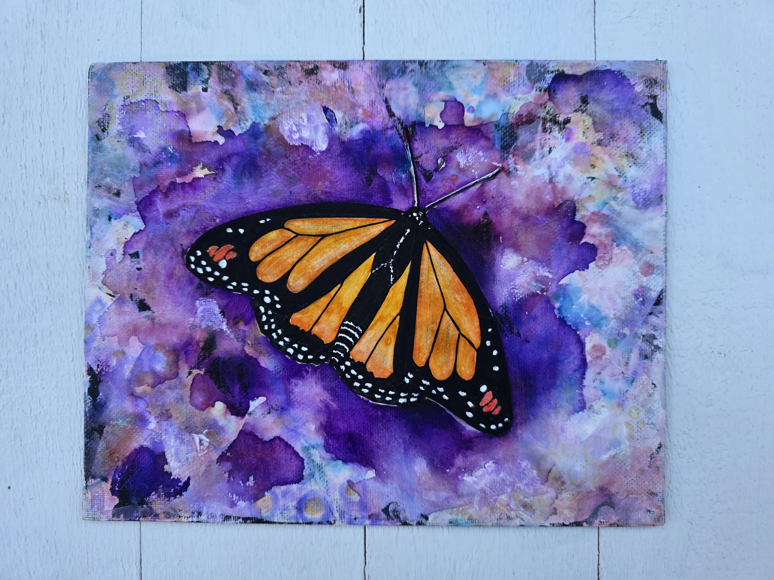 Purple Monarch (2026 Signature Collection)
• Dimensions: 8” x 10” Premium Original Mixed Media
• Medium: Expressive underpainting with representational acrylic monarch on canvas panel.
• Price: $86.20 (Includes California Sales Tax)
About the Artwork