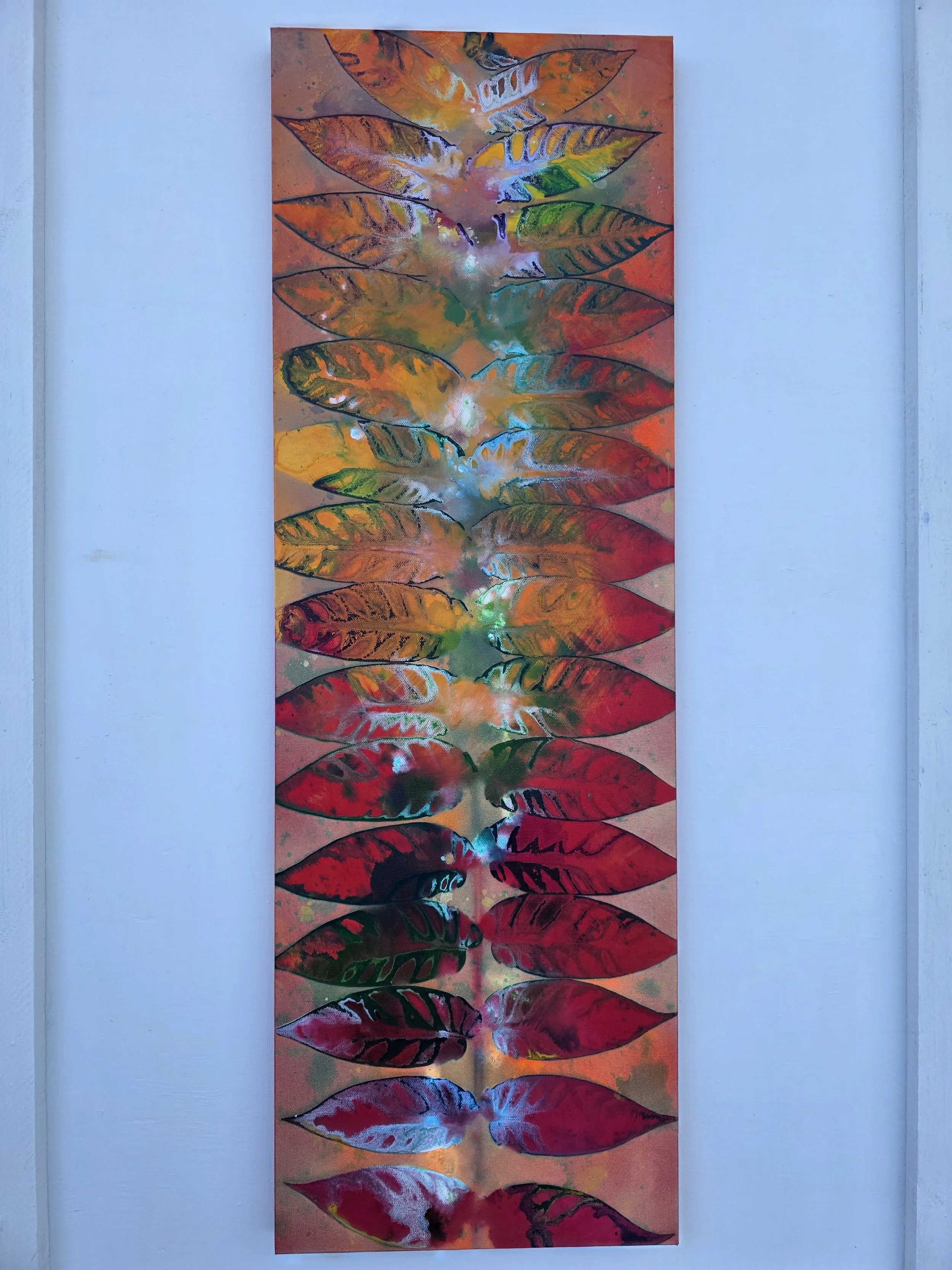 Red Orange Leaf Original (2026 Signature Collection)
• Dimensions: 12”x 36” Premium Original Mixed Media
• Medium: Real leaf print painting with enamel layering on stretched canvas.
• Price: $232.74 (Includes California Sales Tax)
About the Artwork:
