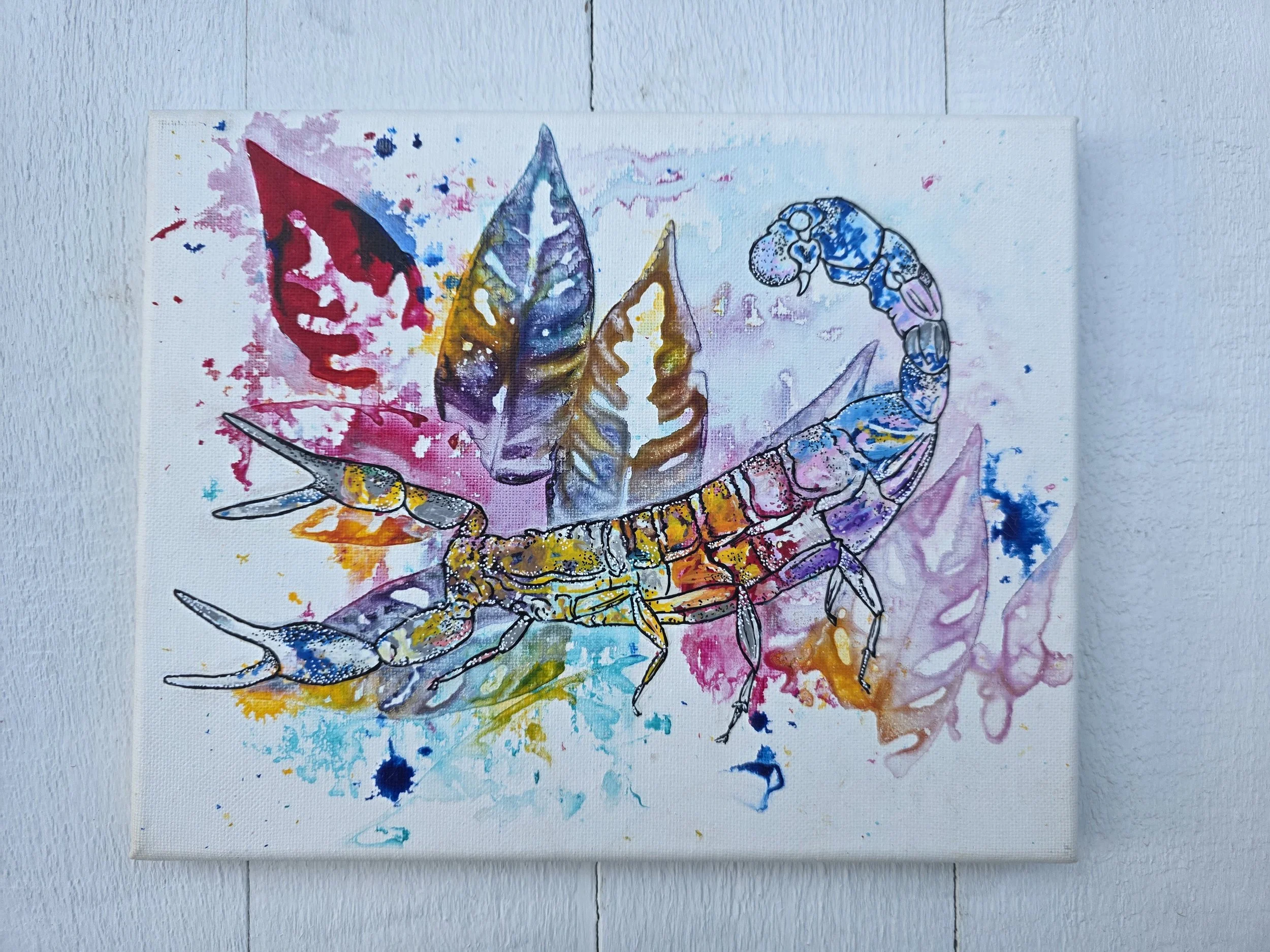 Scorpion on Leaves (2022 Signature Collection)
• Dimensions: 8” x 10” Premium Original Mixed Media
• Medium: Real leaf print painting with drawing on premium stretched canvas.
• Price: $86.20 (Includes California Sales Tax)
About the Artwork:
A class
