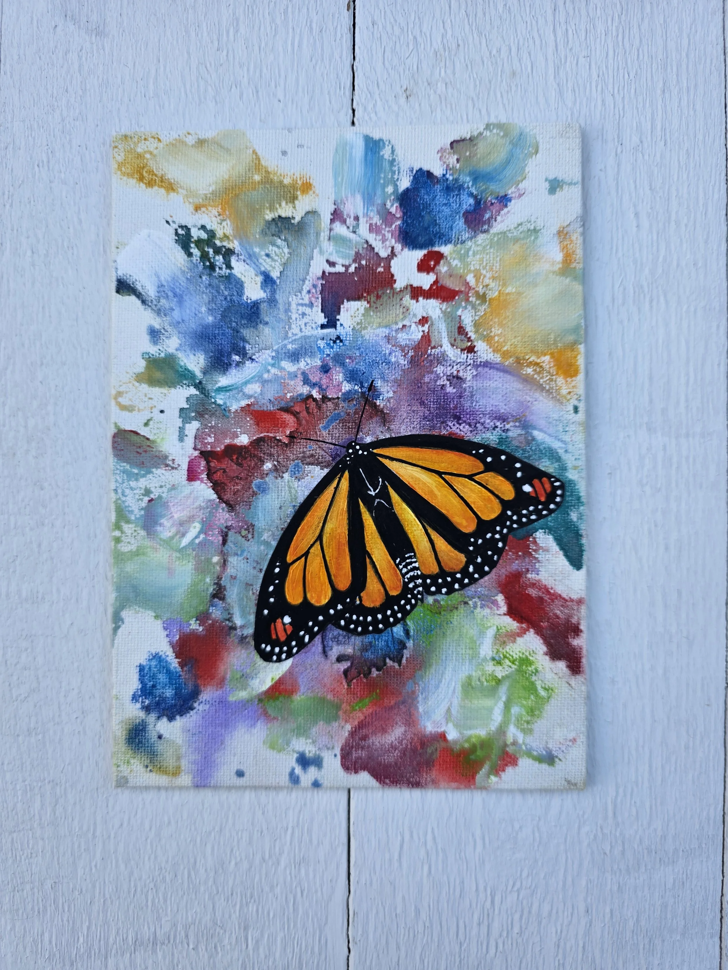 Monarch on Grape (2026 The Signature Collection)
• Dimensions: 5” x 7” Premium Original Mixed Media
• Medium: Watercolor and acrylic painting with representational acrylic layering on canvas panel. (Framing recommended, but not necessary.)
• Price: $