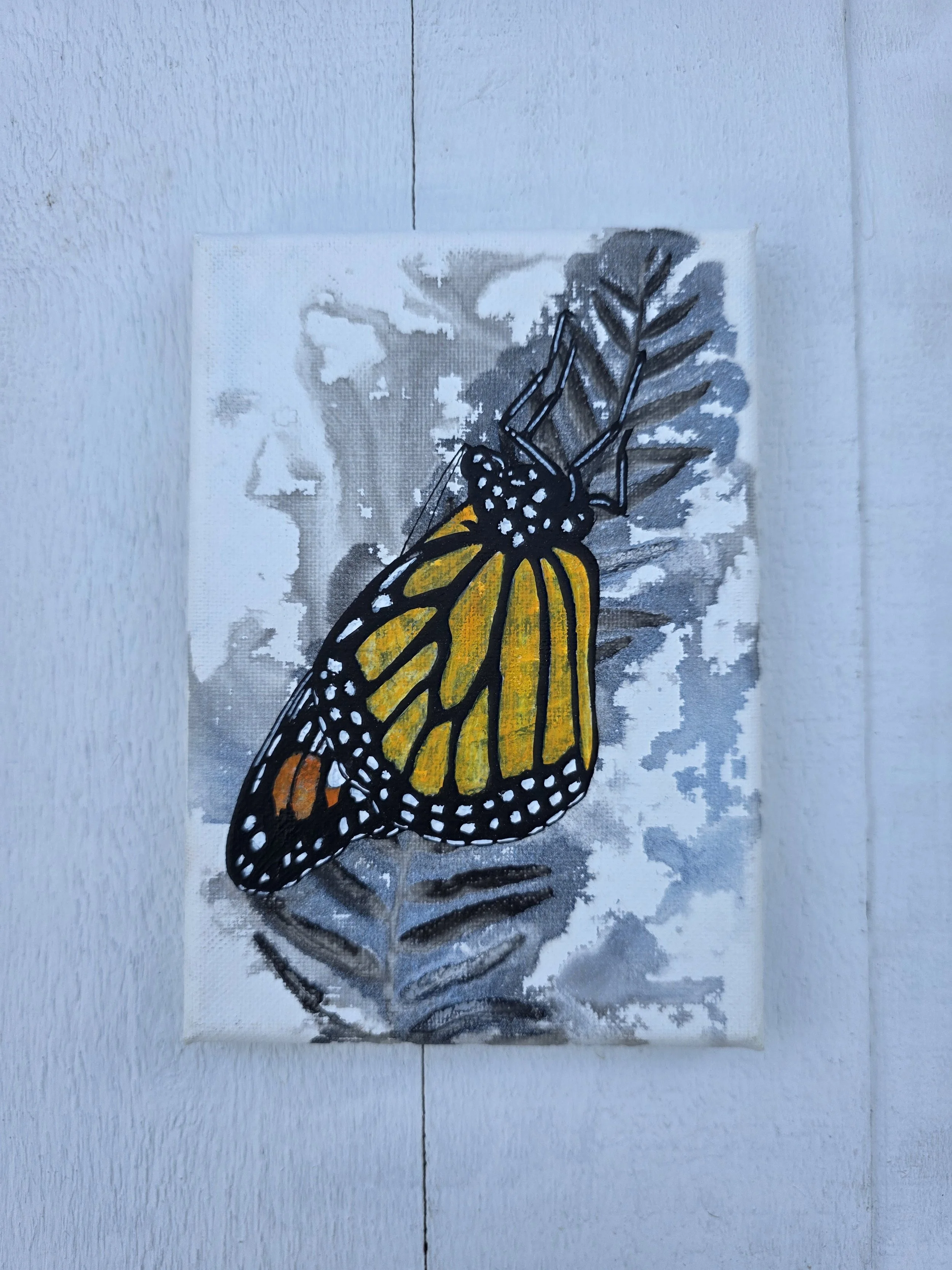 Sunrise Monarch 3 (2025 Signature Collection)
• Dimensions: 5” x 7” Premium Original Mixed Media
• Medium: Premium ink print painting with representational acrylic monarch on gallery wrapped canvas.
• Price: $37.71 (Includes California Sales Tax)
Abo