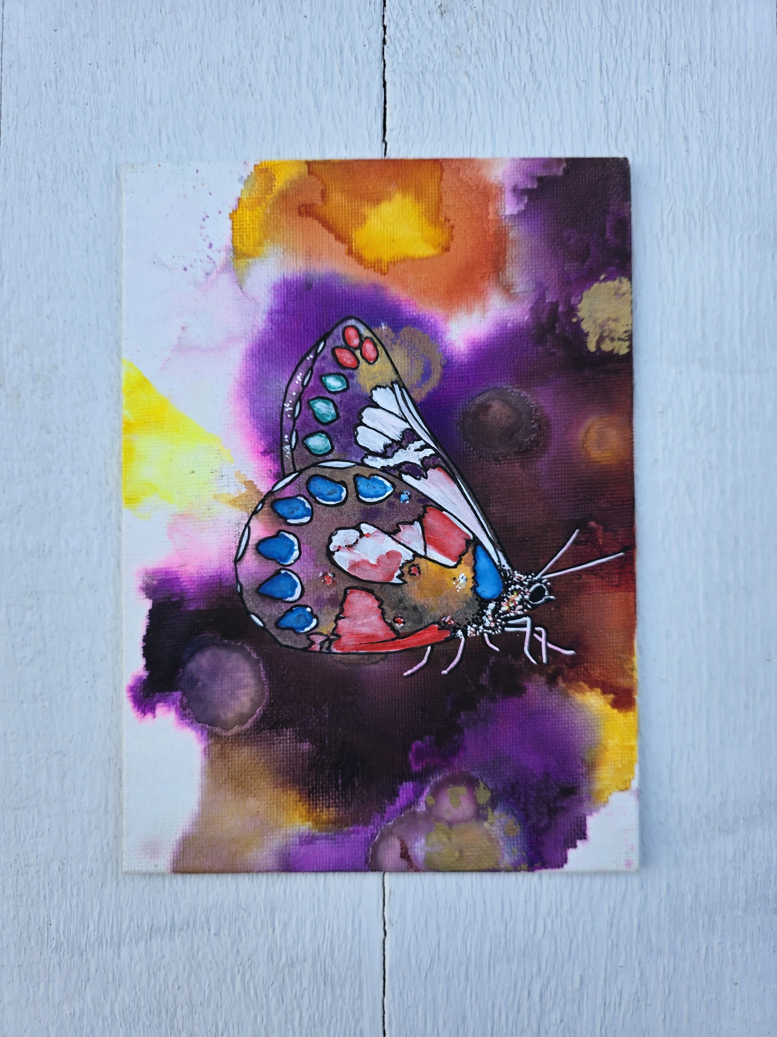 Colorful Butterfly 3 (2026 Signature Collection)
• Dimensions: 5” x 7” Premium Original Mixed Media
• Medium: Alcohol Ink painting with representational butterfly in ink on canvas panel.
• Price: $37.71 (Includes California Sales Tax)
About the Artwo