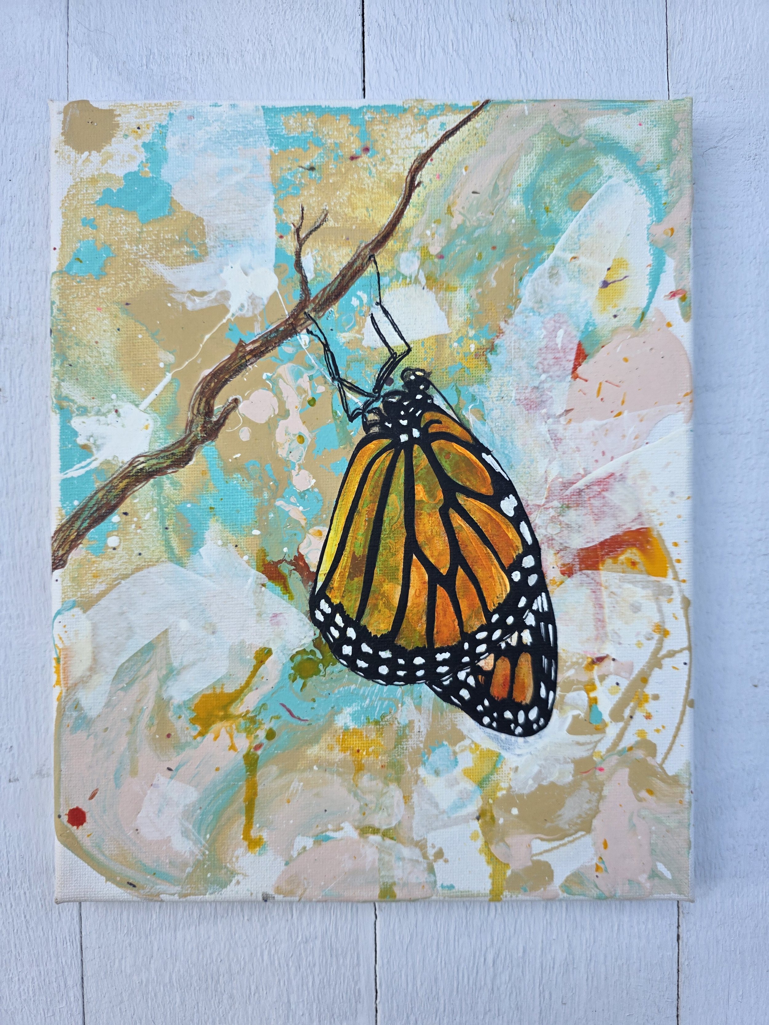 Monarch on Tan & Teal (2023 Signature Collection)
• Dimensions: 8” x 10” Premium Original Mixed Media
• Medium: Real leaf print painting with acrylic monarch layering on premium stretched canvas.
• Price: $86.20 (Includes California Sales Tax)
About 