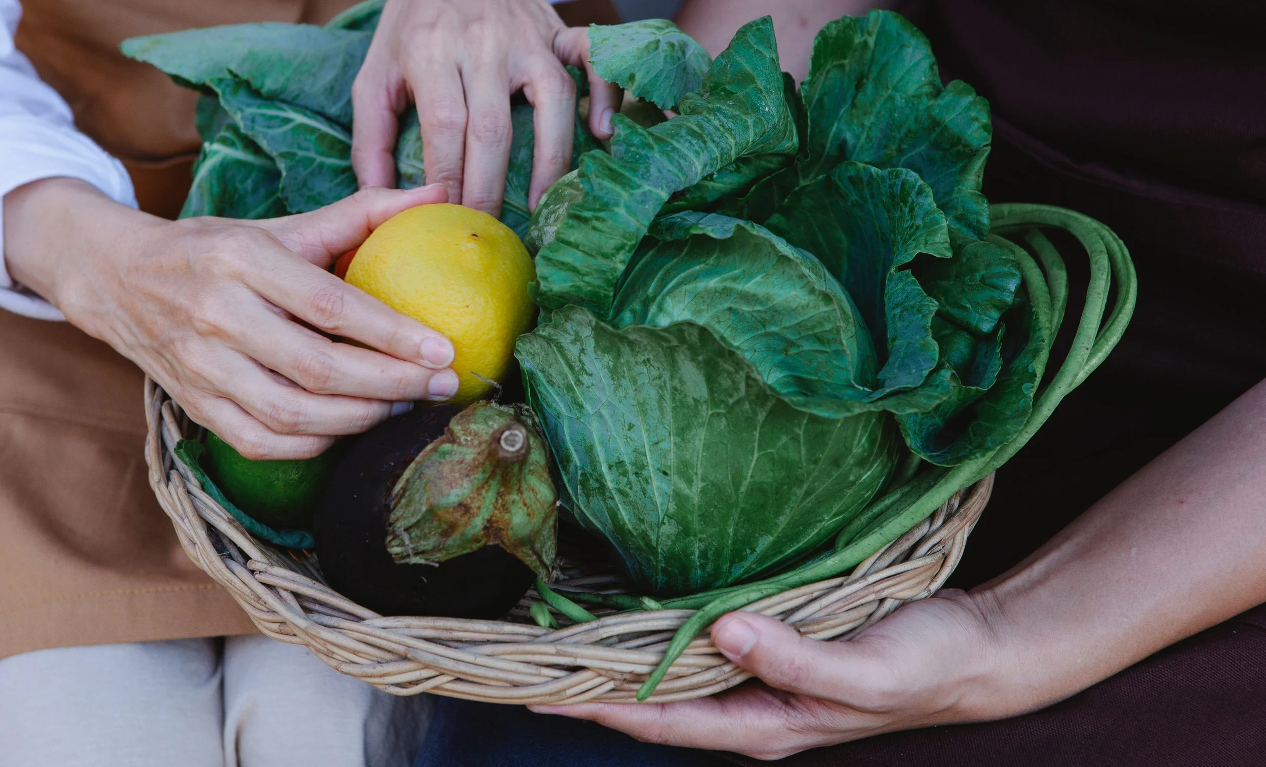 A person holding a wicker basket filled with green leafy vegetables, a lemon, and eggplant.