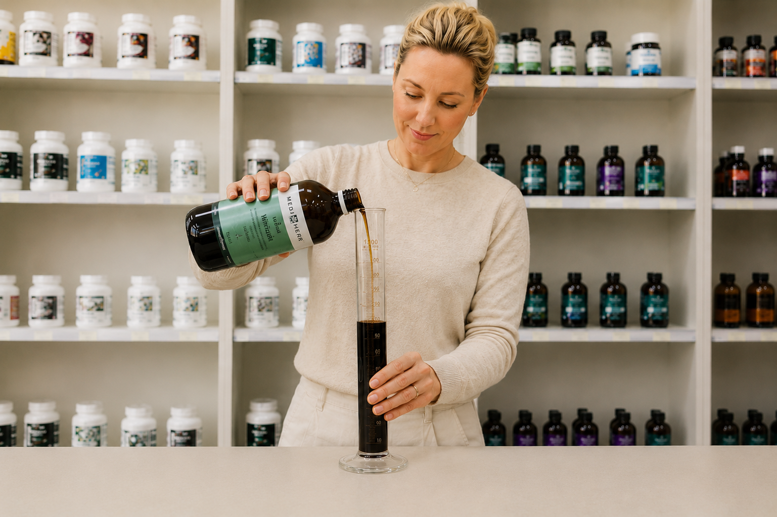 A qualified Naturopath with blonde hair pouring dark liquid from a green supplement bottle into a large graduated cylinder, standing in front of shelves filled with various supplement bottles.