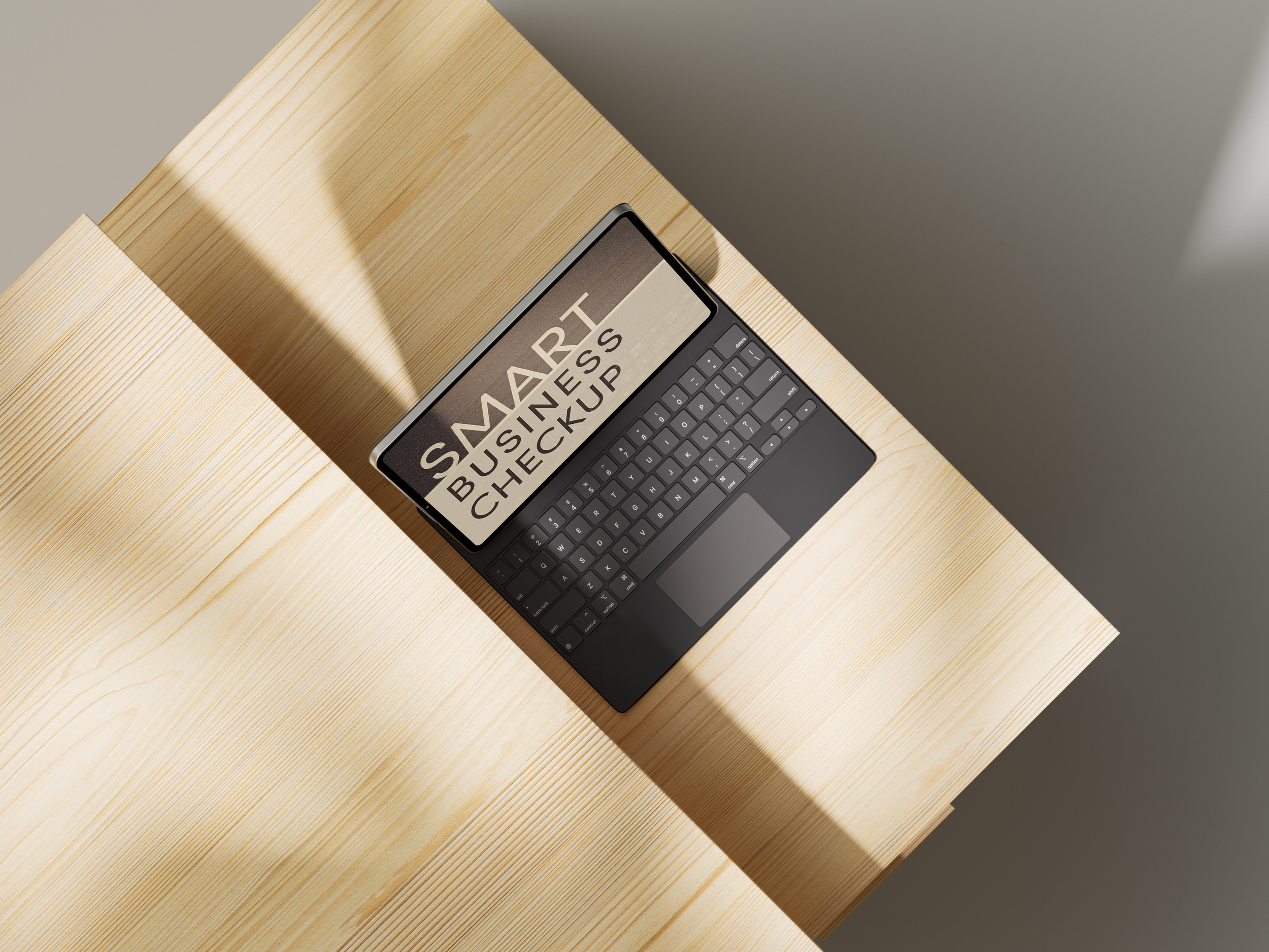 A tablet on a wooden desk displaying the text 'SMART BUSINESS CHECKUP'.
