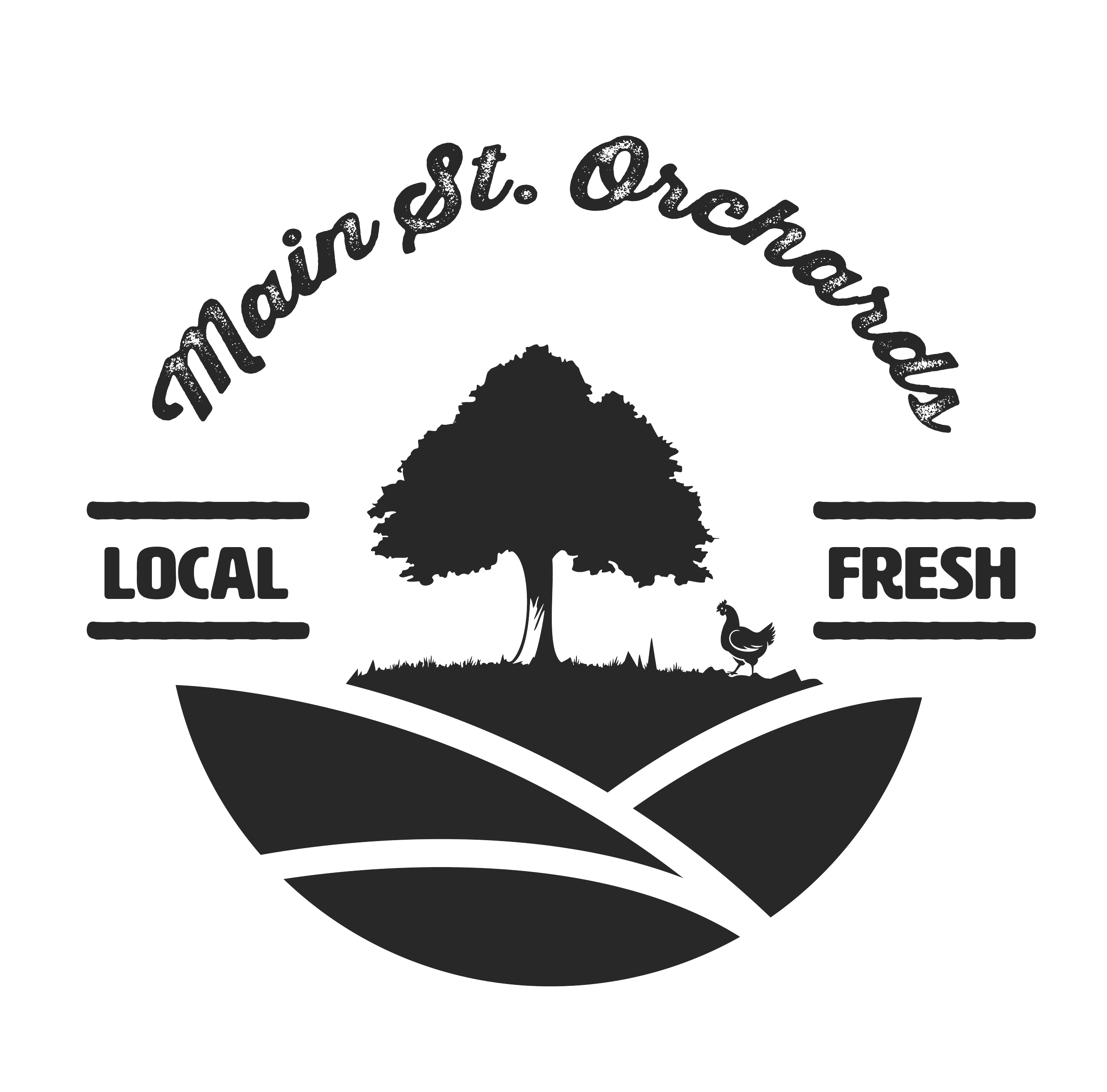 Logo for Main St. Orchard showcases a large tree, a chicken, and stylized farmland with the tagline 'Local Fresh' and 'Main St. Orchard' written in a curved font.