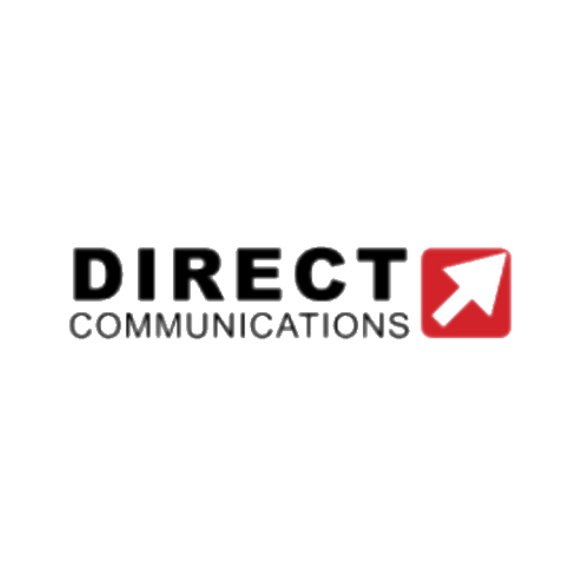 Logo of Direct Communications, with black text and a red arrow icon