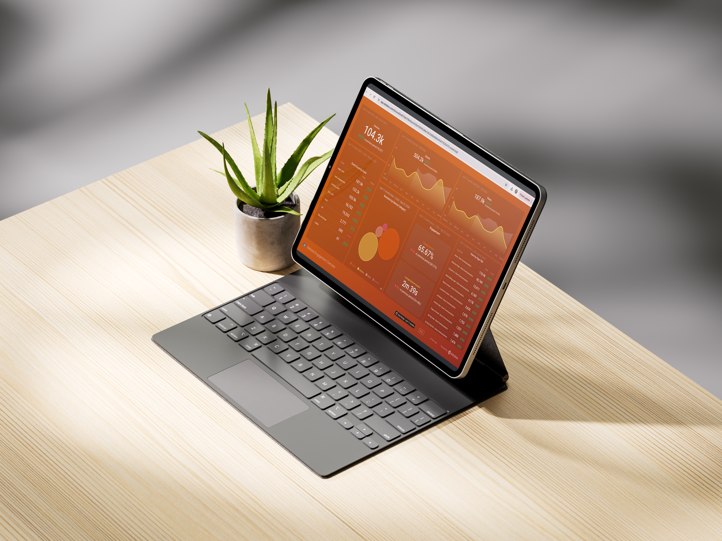 Table with a potted plant and a tablet displaying analytics on a light wood surface.