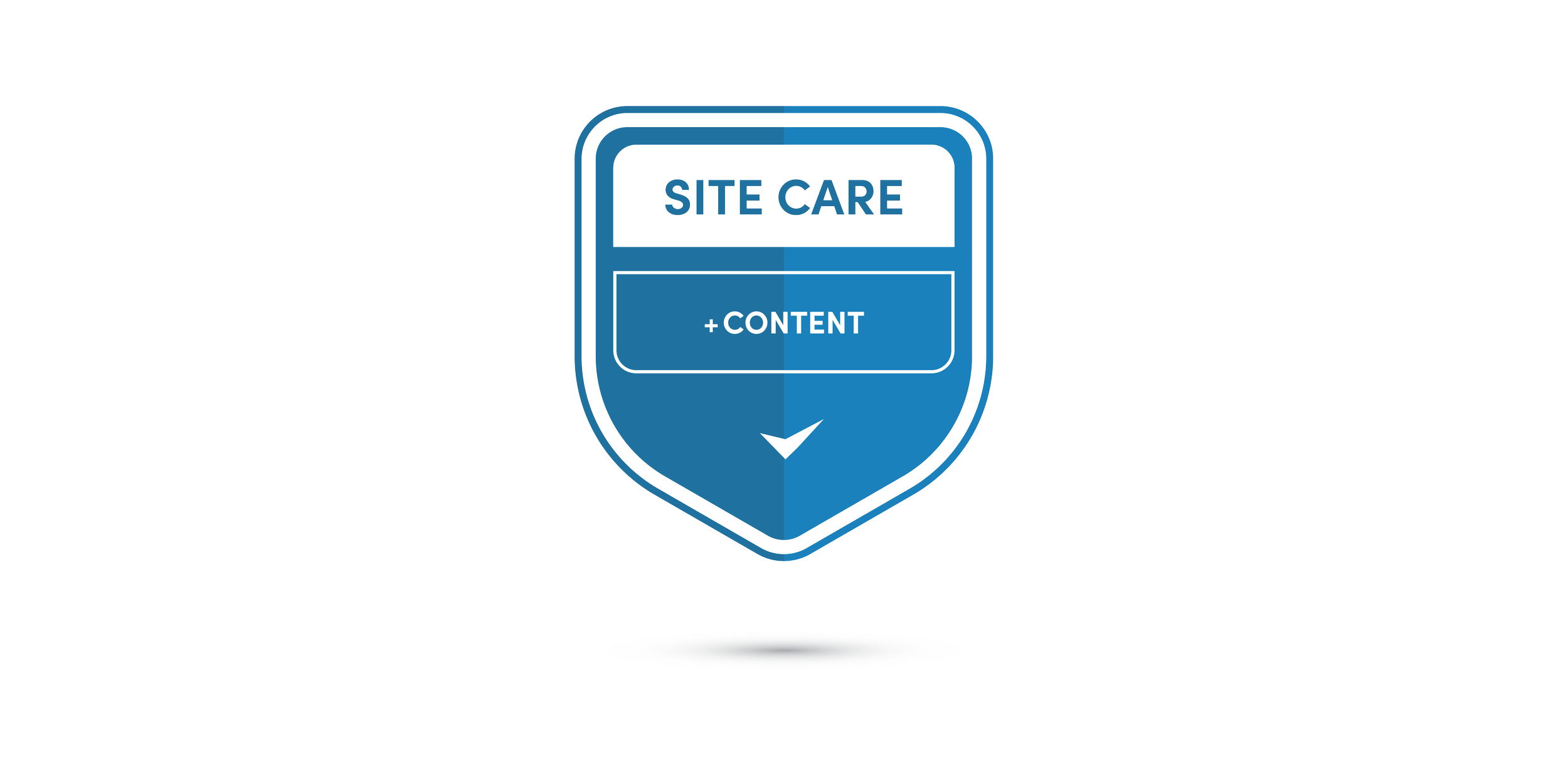 Graphic with a shield shape displaying the words 'SITE CARE' at the top, a '+ CONTENT' button in the middle, and an arrow pointing downward at the bottom.