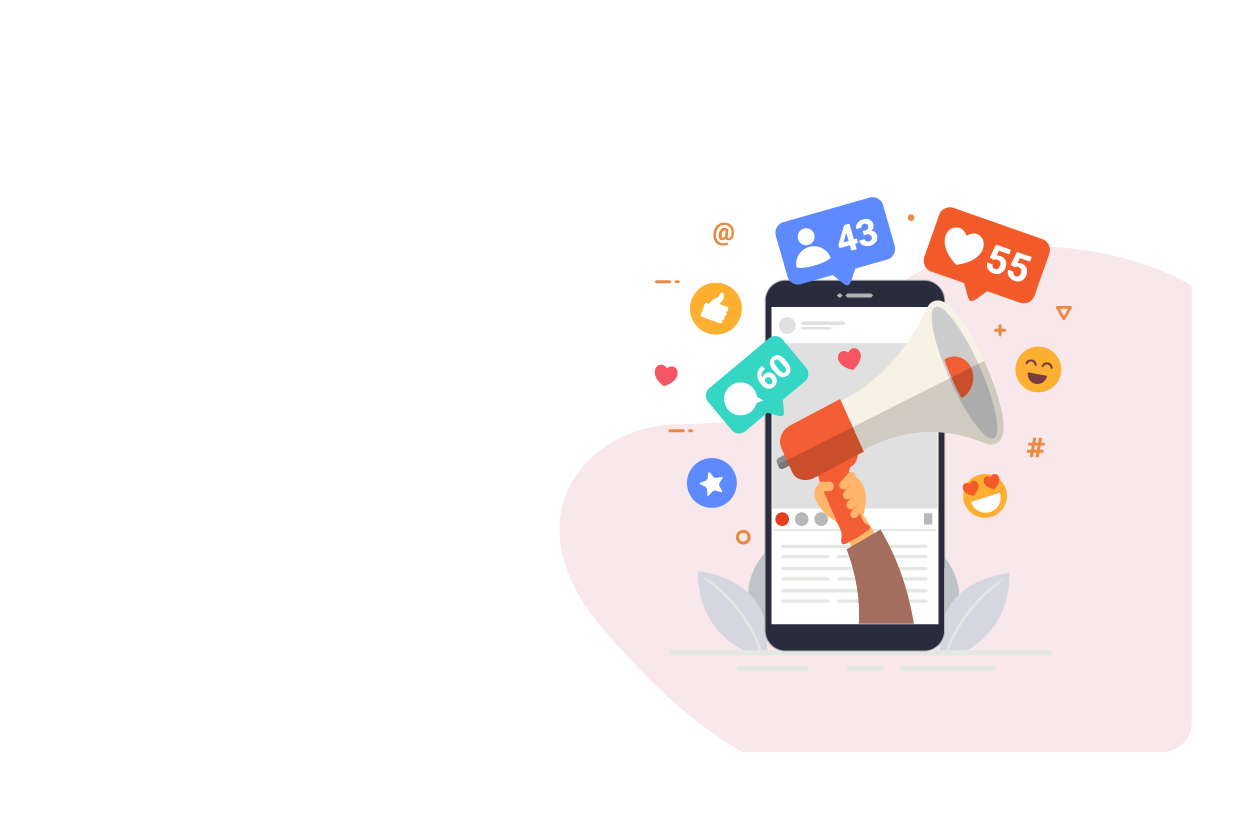 Illustration of a smartphone with a hand holding a megaphone emerging from the screen, surrounded by social media icons such as likes, comments, followers, and emojis.
