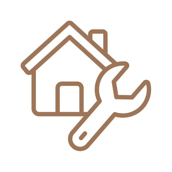 House icon with a wrench in front of it, representing home repair or maintenance.