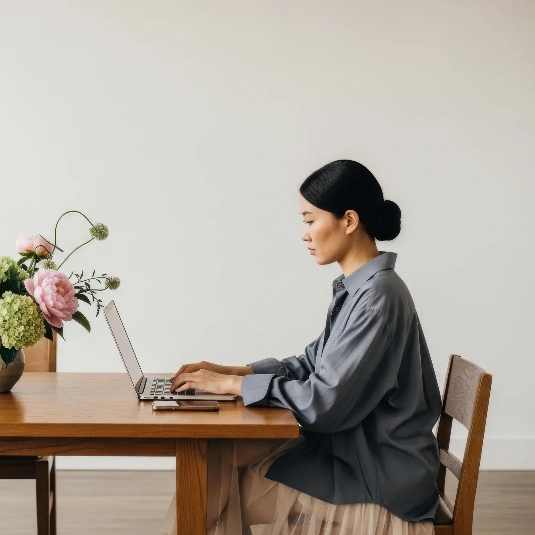A woman with dark hair in a bun sitting at a wooden table, working on a laptop with a smartphone nearby, in a minimalistic room with a plain light-colored wall. There is a vase with pink and green flowers on the table.