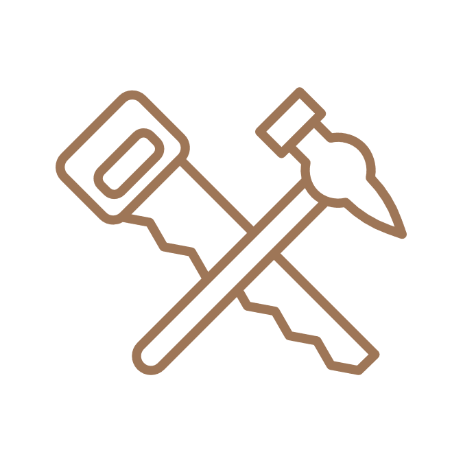 A line drawing of a hammer, pencil, and chisel crossed together on a black background.