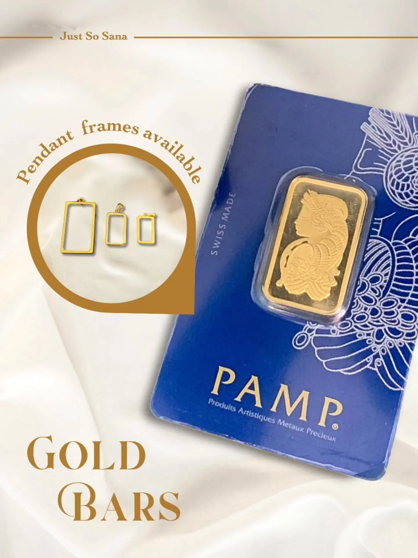 Gold bars, with pendant frames available in different sizes ✨️

📩 DM to order yours or for any enquiries! 
📍Pick-up and delivery options available 

#goldbars #justsosana #goldjewellery #goldpendant