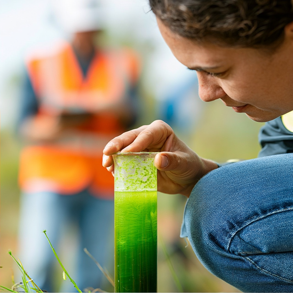 A woman examining a green plant sample in a test tube outdoors with a person in an orange safety vest blurred in the background.