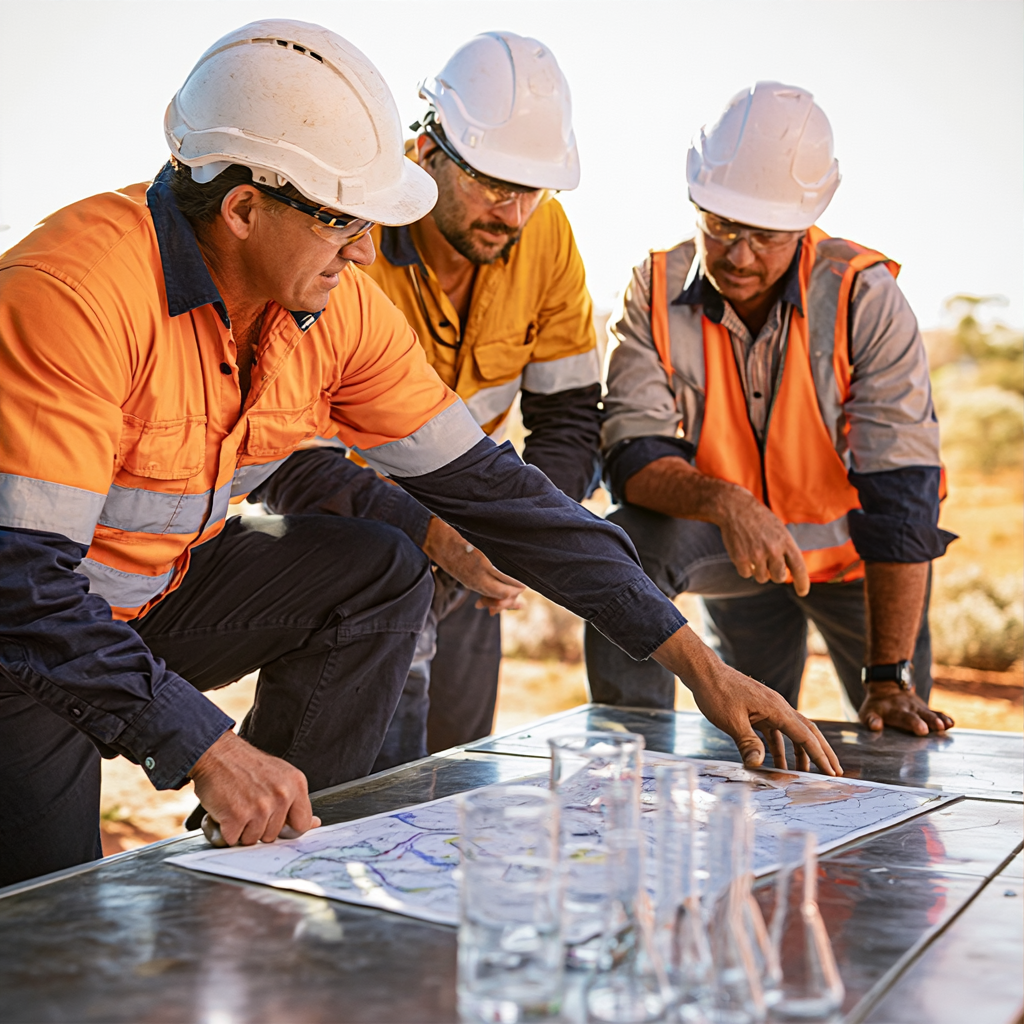 Three construction workers in hard hats and safety vests examining a large map on a table outdoors.