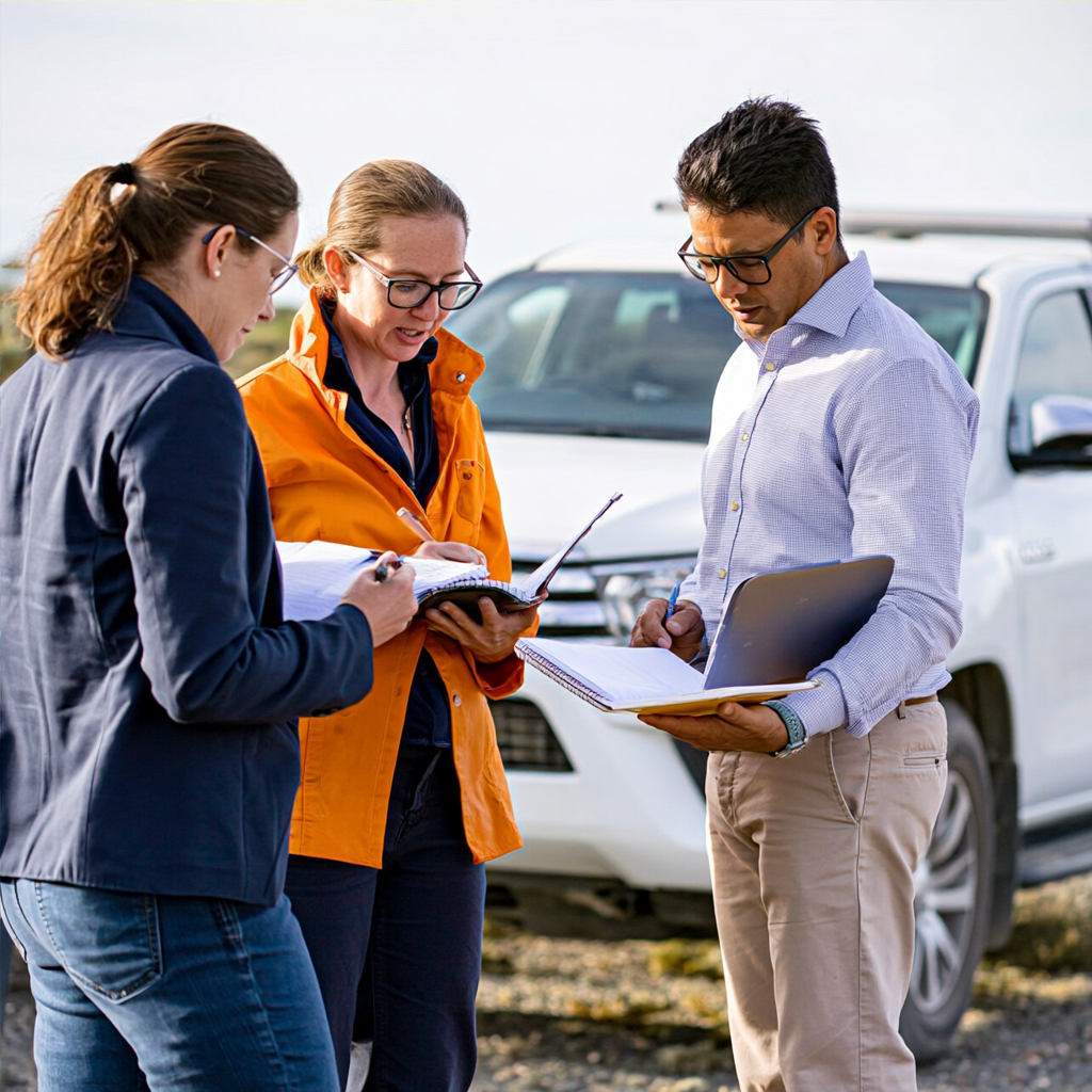 Three people standing outdoors near parked cars, looking at documents and a laptop, engaged in a discussion.