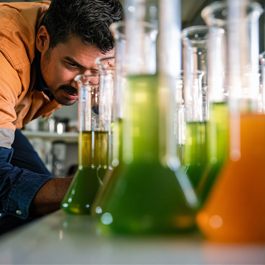 A man closely examining tall glass laboratory beakers filled with colorful liquids in a laboratory setting.