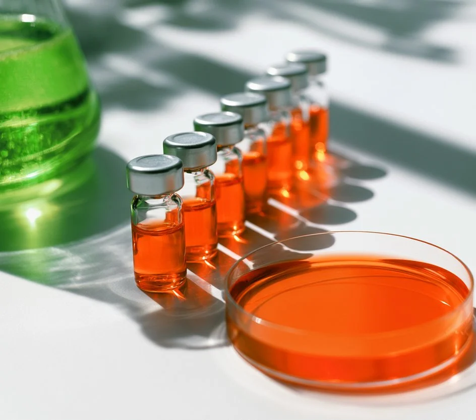 Several small glass vials filled with orange liquid, arranged in a row on a white surface next to a Petri dish with similar orange liquid, with a green container partially visible in the background.