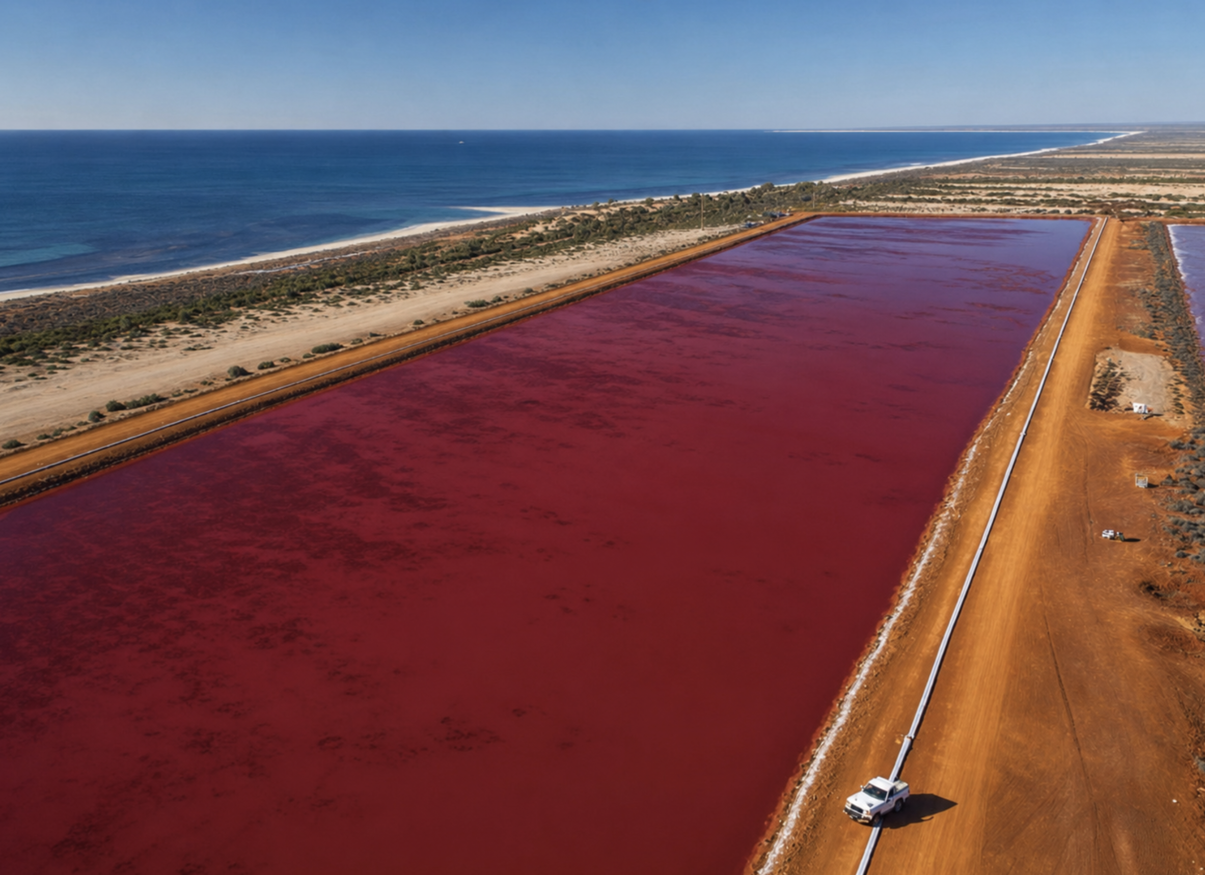 An aerial view of a coastal area with a large body of reddish water separated from the ocean by a barrier. A vehicle is seen on a dirt road beside the reddish water.