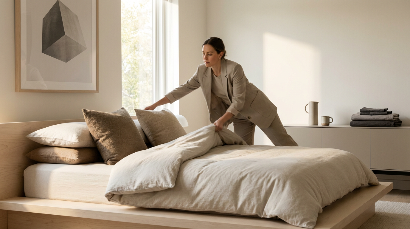 Woman making a bed in a bedroom with beige bedding, pillows, and minimal decor.