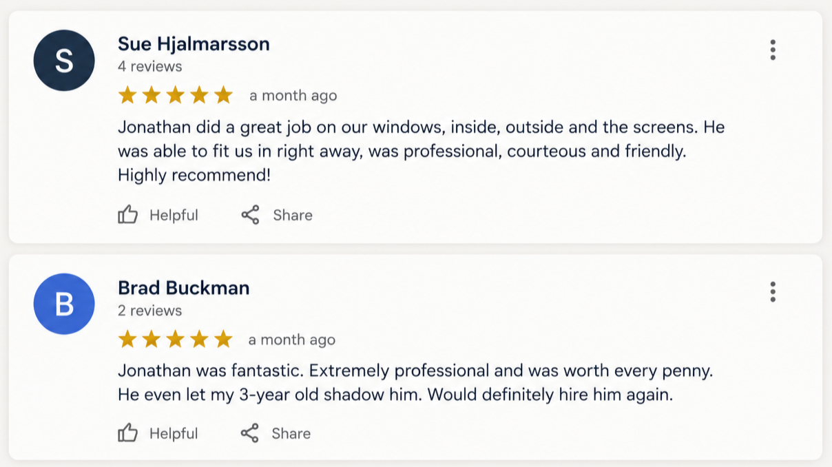 Screenshots of two Google reviews for a window service, one from Sue Hjalmarsson praising Jonathan's professionalism and friendliness, and one from Brad Buckman praising Jonathan's professionalism and willingness to hire him again.
