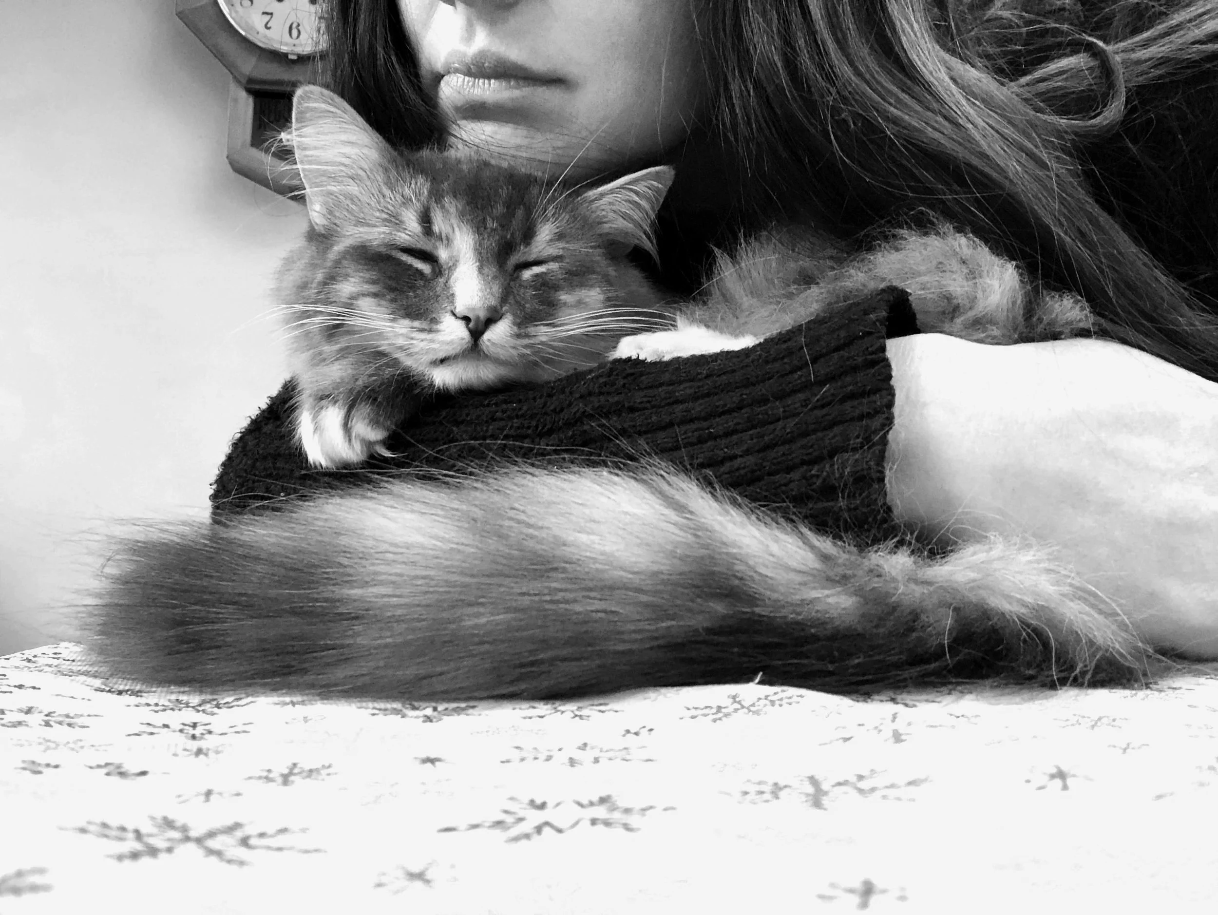 Black and white photo of a woman holding and cuddling a fluffy cat closest to her face. The woman has long hair partially covering her face, and there is a clock on the wall in the background.