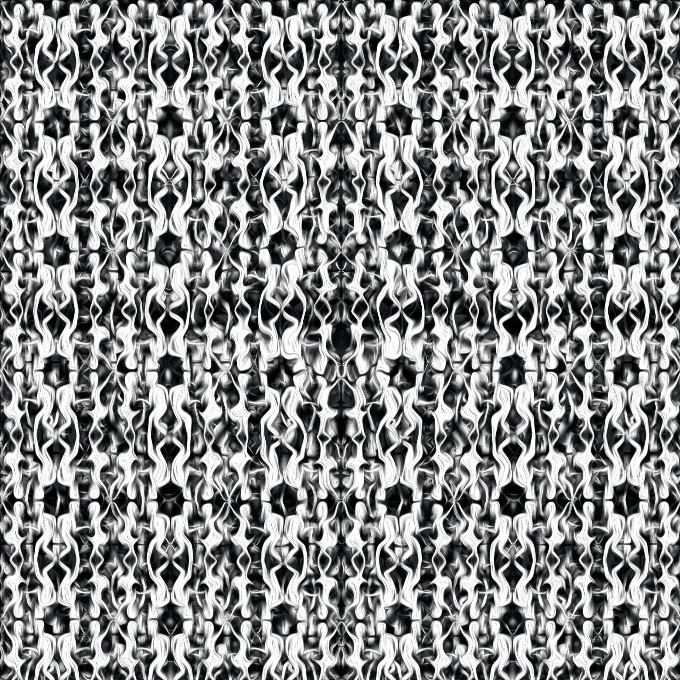 Black and white abstract pattern with swirling, elongated shapes arranged symmetrically in vertical columns.