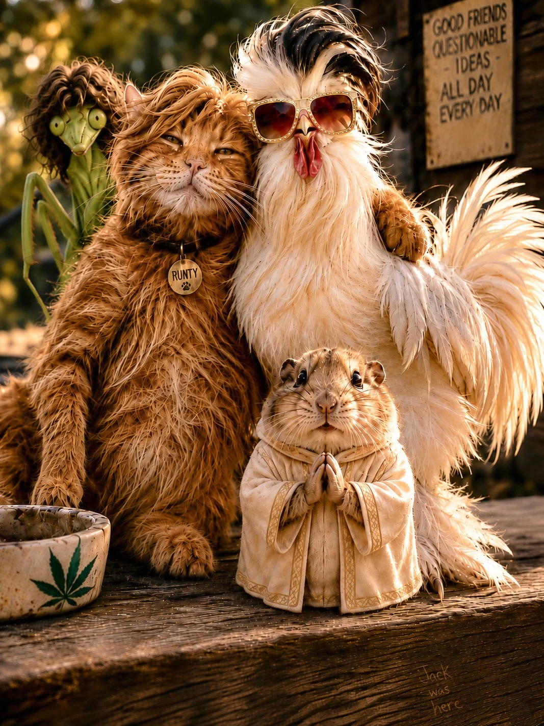 A group of anthropomorphized animals, including a lion with a pet tag that reads 'RUNITY', a rooster with blonde feathers wearing sunglasses, a hamster with clasped hands in prayer, and a cockroach in the background, all dressed and posed together outdoors.