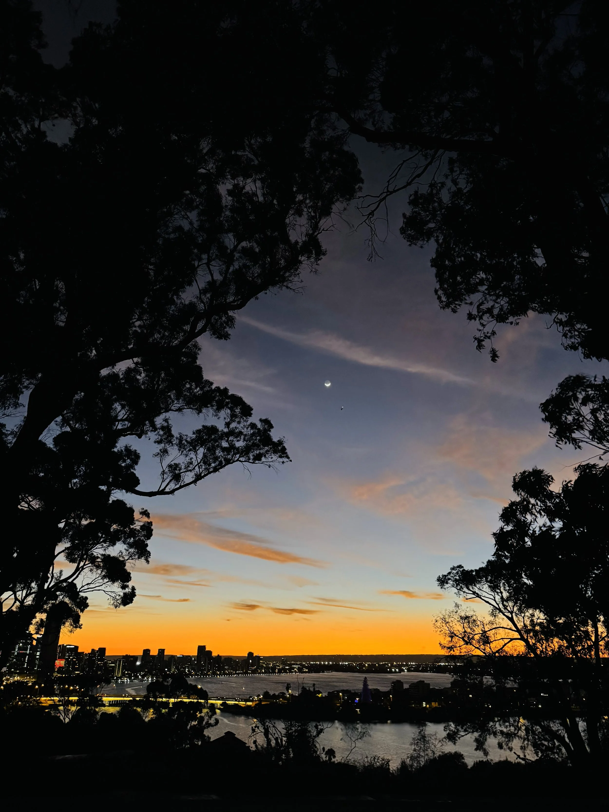City skyline at sunset seen from a hill with silhouettes of trees in the foreground, a river reflecting city lights, and a crescent moon in the sky.
