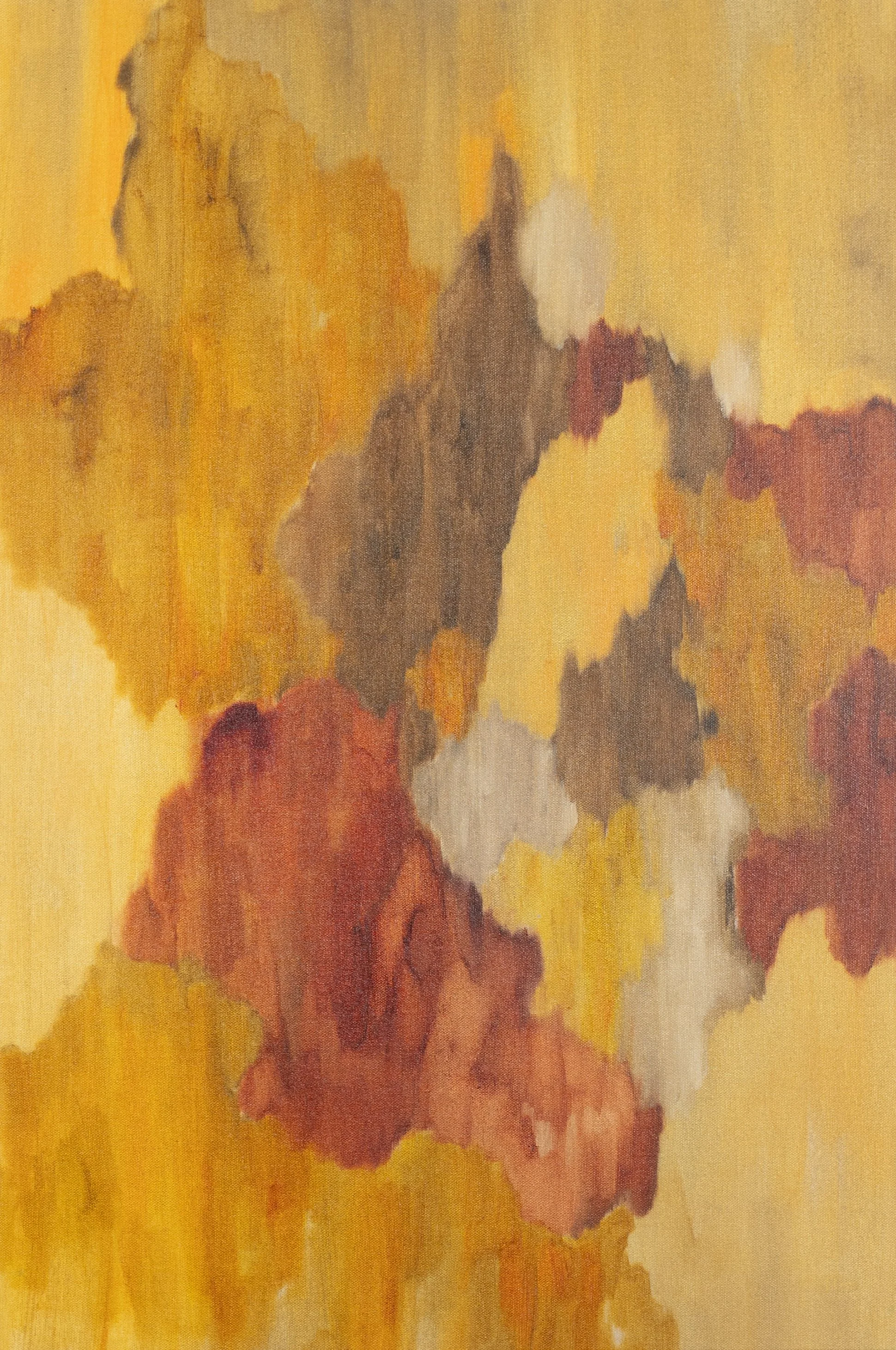Abstract oil painting with warm tones of yellow, orange, red, brown, and beige blending into each other.
