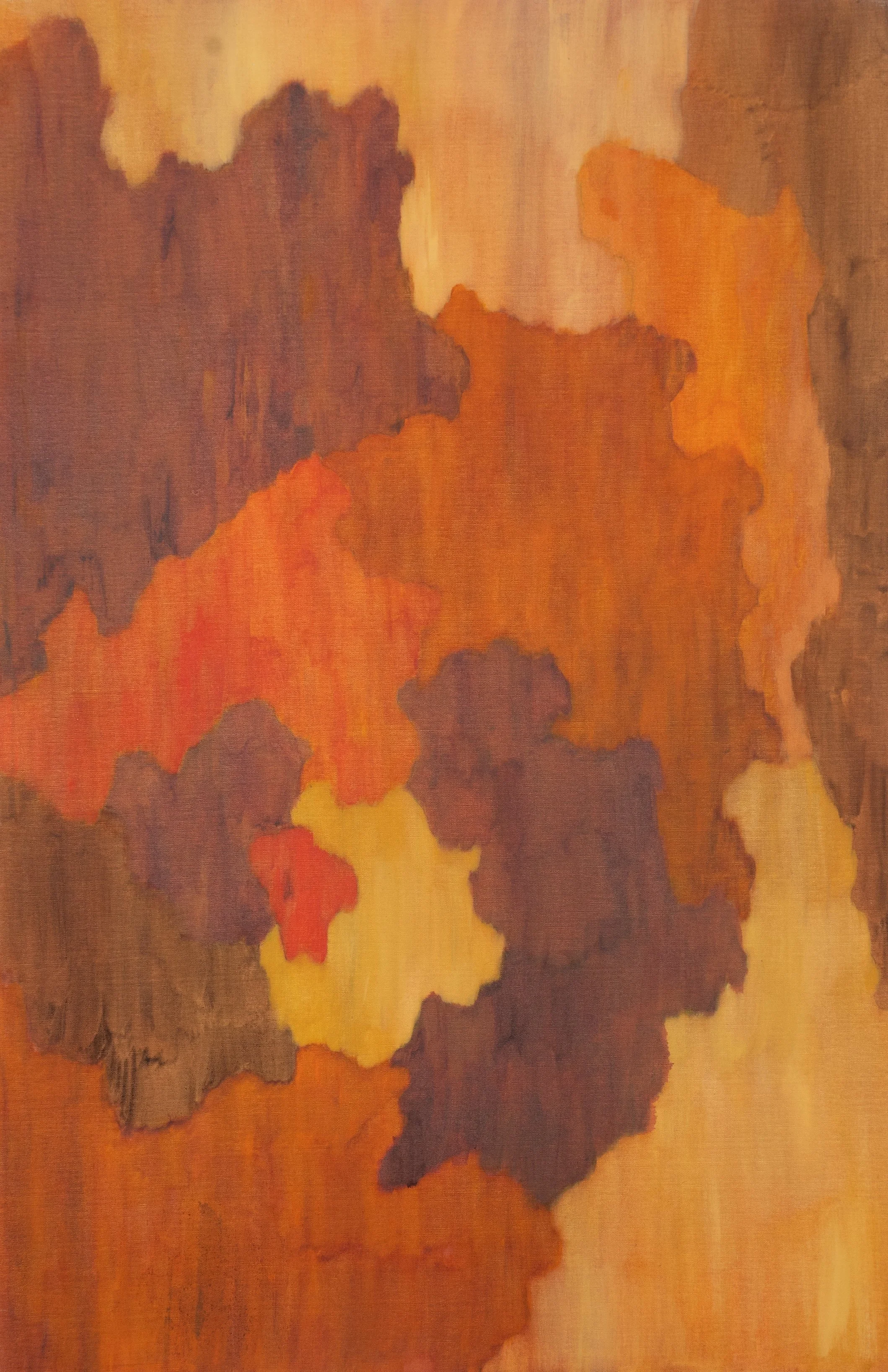 Abstract oil painting with warm hues of orange, yellow, and brown with organic shapes and textured appearance.