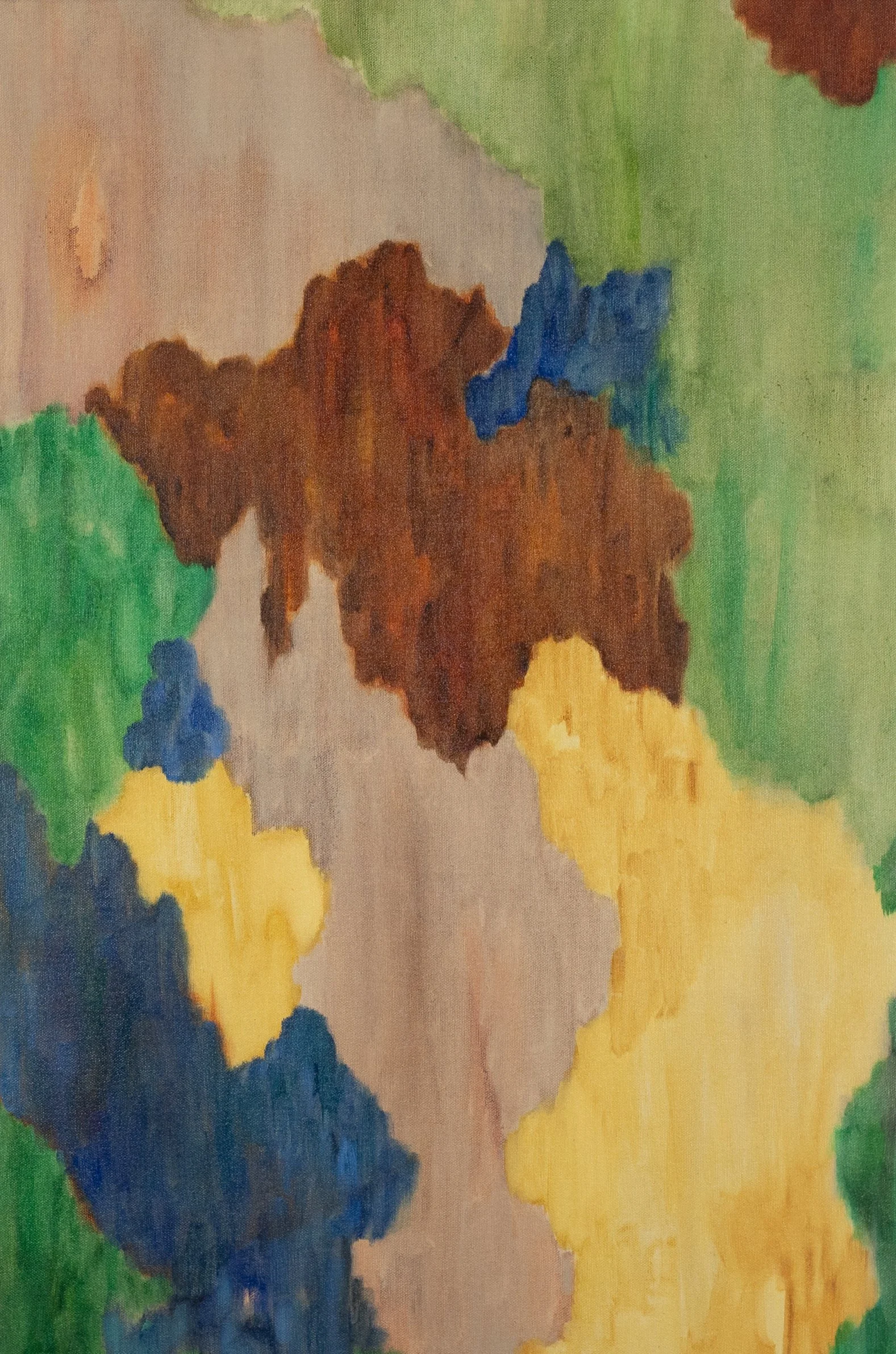 An abstract oil painting with various organic shapes and colors, including green, brown, blue, yellow, and beige.