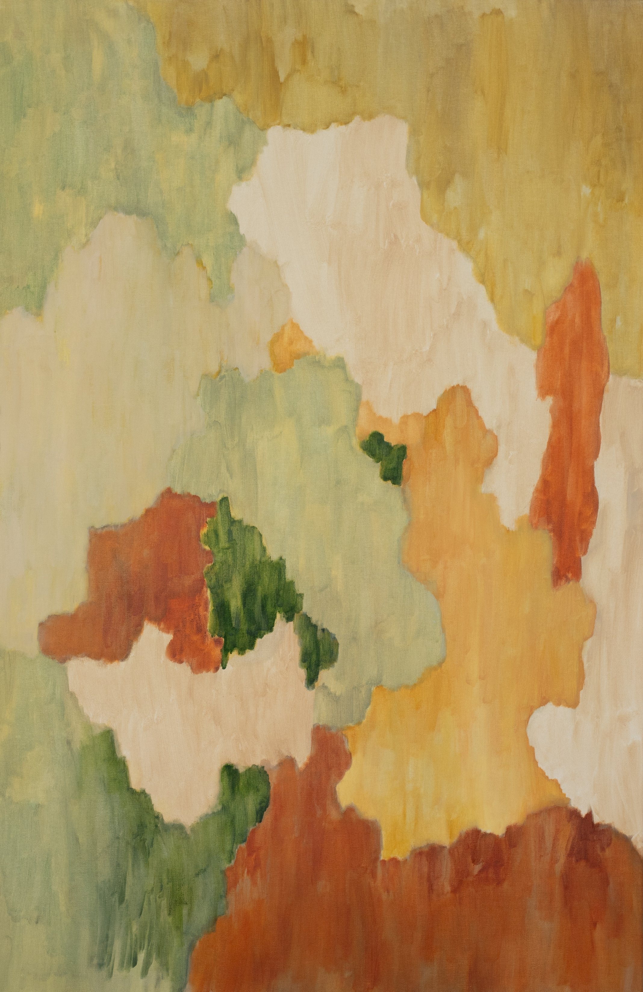 A colorful abstract painting featuring irregular patches of green, orange, yellow, and white colors.