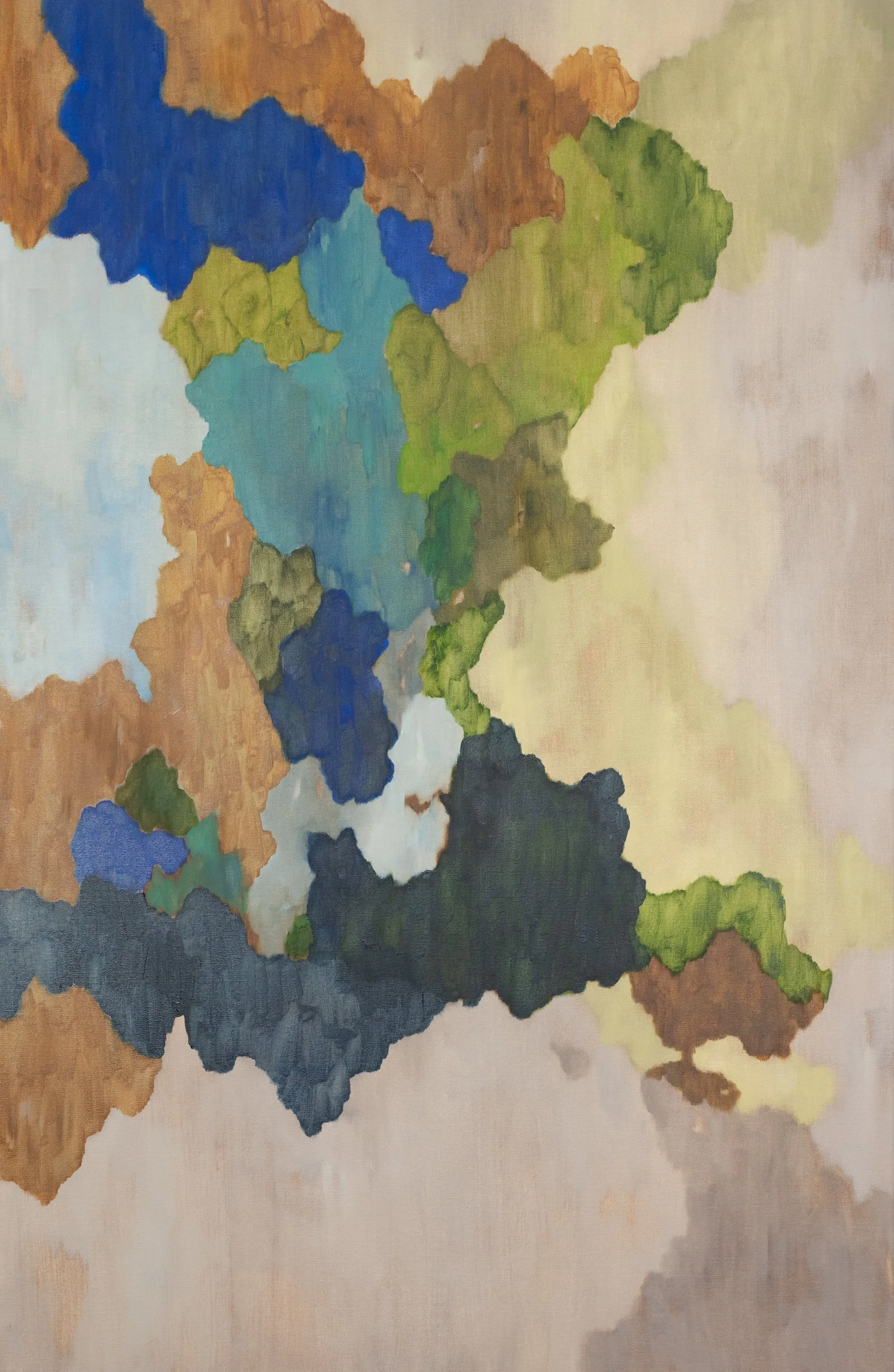 Abstract oil painting with irregular shapes in shades of blue, green, brown, black, and tan on textured paper.