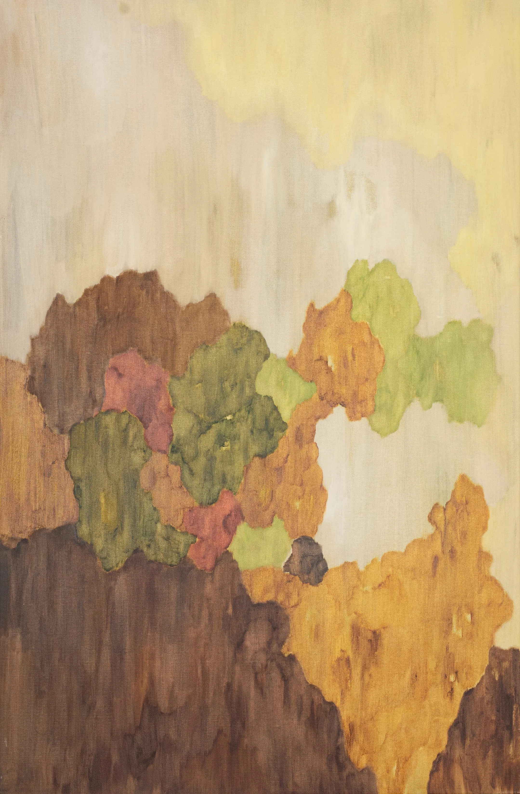 Abstract landscape painting featuring mountains, trees, and a sky with clouds.